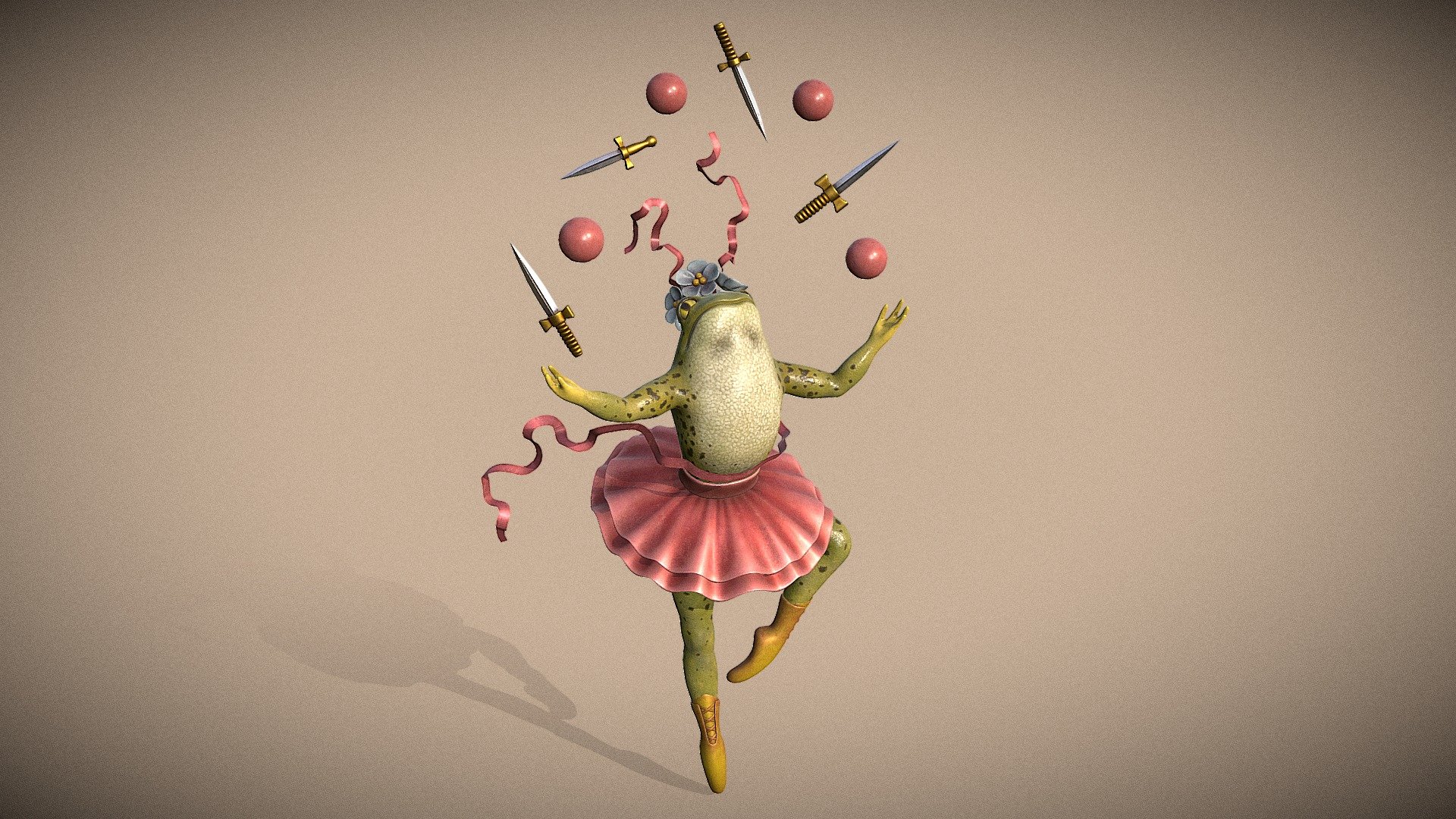 Hello there. A few weeks ago I found funny picture with juggling frog which made me smile. I like the concept so much so I decided to use it as reference to practice my 3d modelling and texturing skills. So here is the result. Hope you enjoy it.

High-quality render:



You can see more renders on my artstation:https://www.artstation.com/artwork/Xn2Qdn

P.S. The painting belongs 19s century. That little ballerina frog was made for advertising cards of sewing machines.

Link to the reference: https://www.flickr.com/photos/boston_public_library/8902966266/in/photostream/ - Ballerina frog - 3D model by annzep 3d model