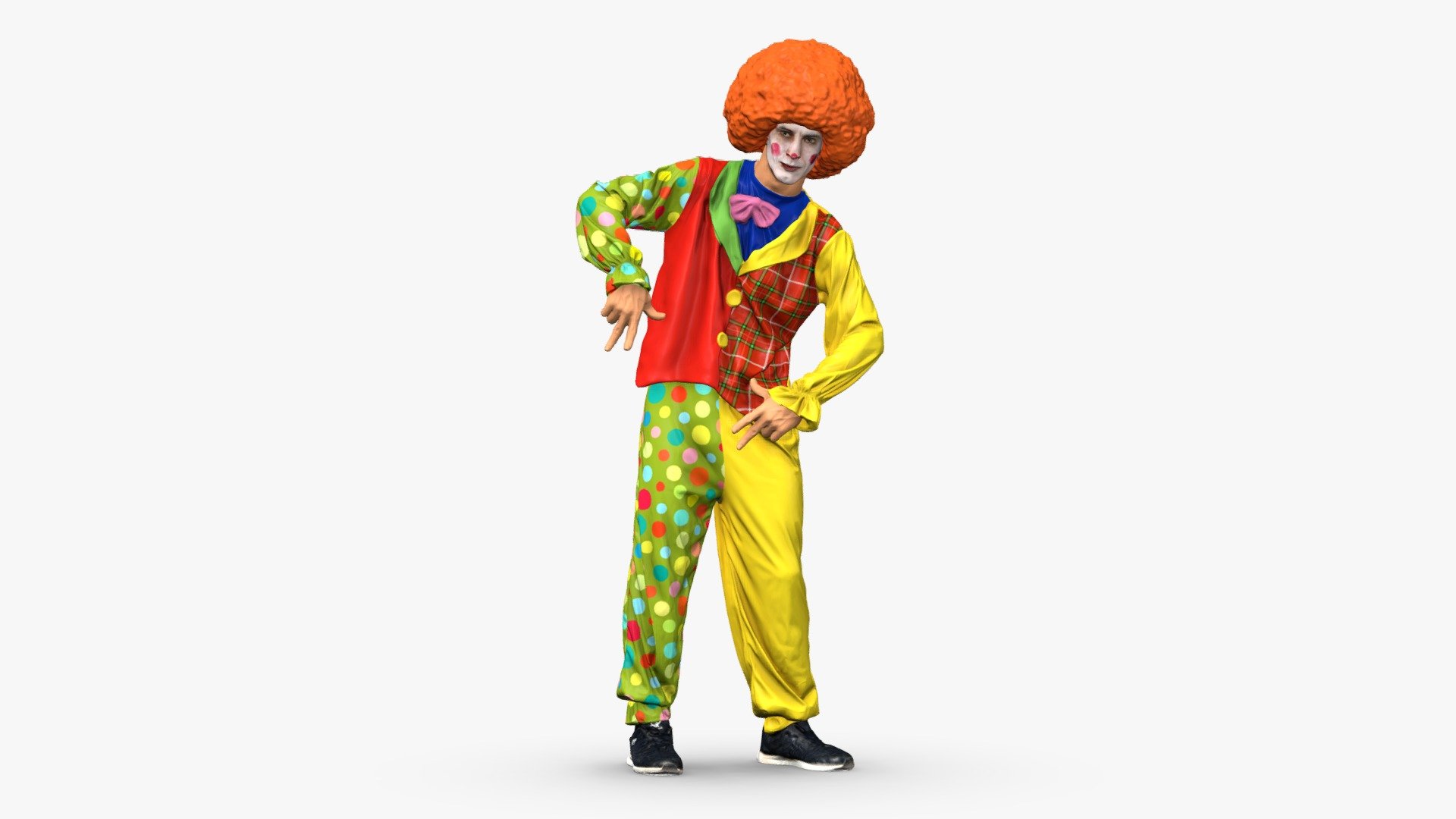 The 3D model depicts a clown in a brightly colored outfit with various patterns and textures. The clown has voluminous curly hair and is fully made up with traditional clown makeup, including a white base, a red nose, and colorful accents around the eyes and mouth. The clown strikes a playful and whimsical pose. The model was created through scanning 3d model