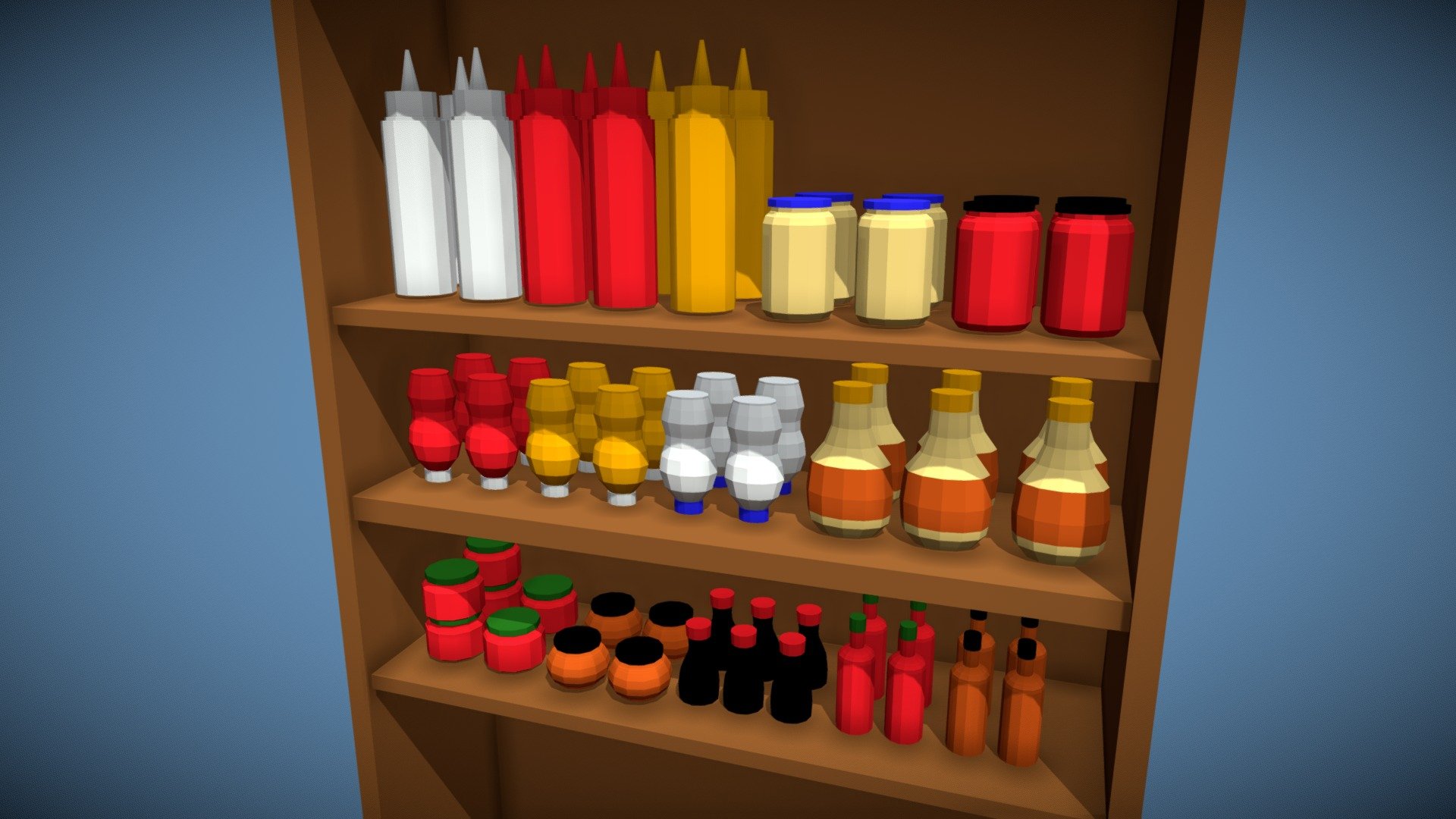 This pack contains 14 low poly bottles and jars with sauces. Only 1 texture 3d model