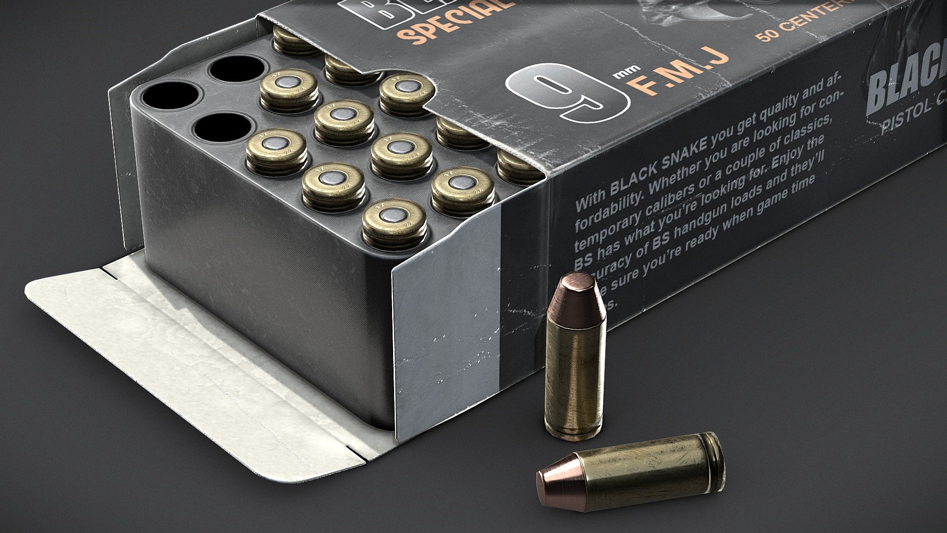 Pistol cartridges ( ammunition pack ) 3D game asset
&hellip;with great attention to detail and rendering.



Designed specifically for game engines and VR and AR - Comes with Unity &amp; Unreal Engine 4 prepared texture sets!
Includes High poly files.


What do you get?

Models:




Pistol cartridges ( ammunition pack ) high-poly models (.fbx)

Pistol cartridges ( ammunition pack ) low-poly models (.obj, .fbx)




Bullet / Cartridge 76 tris

Box Insert 76 tris

Cartboard box 568 tris

Opened pistol cartridges cartboard box with insert 2182 tris

Unity Standard Shader textures :




Albedo 2048x2048

Normal 2048x2048

Specular 2048x2048

Ambient Oclussion 2048x2048

UE4 textures :




Albedo 2048x2048

Normal 2048x2048

RMA (channel packed texture) 2048x2048



Feel free to contact me via PM. Happy shopping, .MG


VR / AR / Low-poly / Game ready / Pistol cartridges ( ammunition pack ) 3D MODEL - Pistol cartridges (ammunition) - PBR Game Ready - Buy Royalty Free 3D model by miloszgierczak 3d model