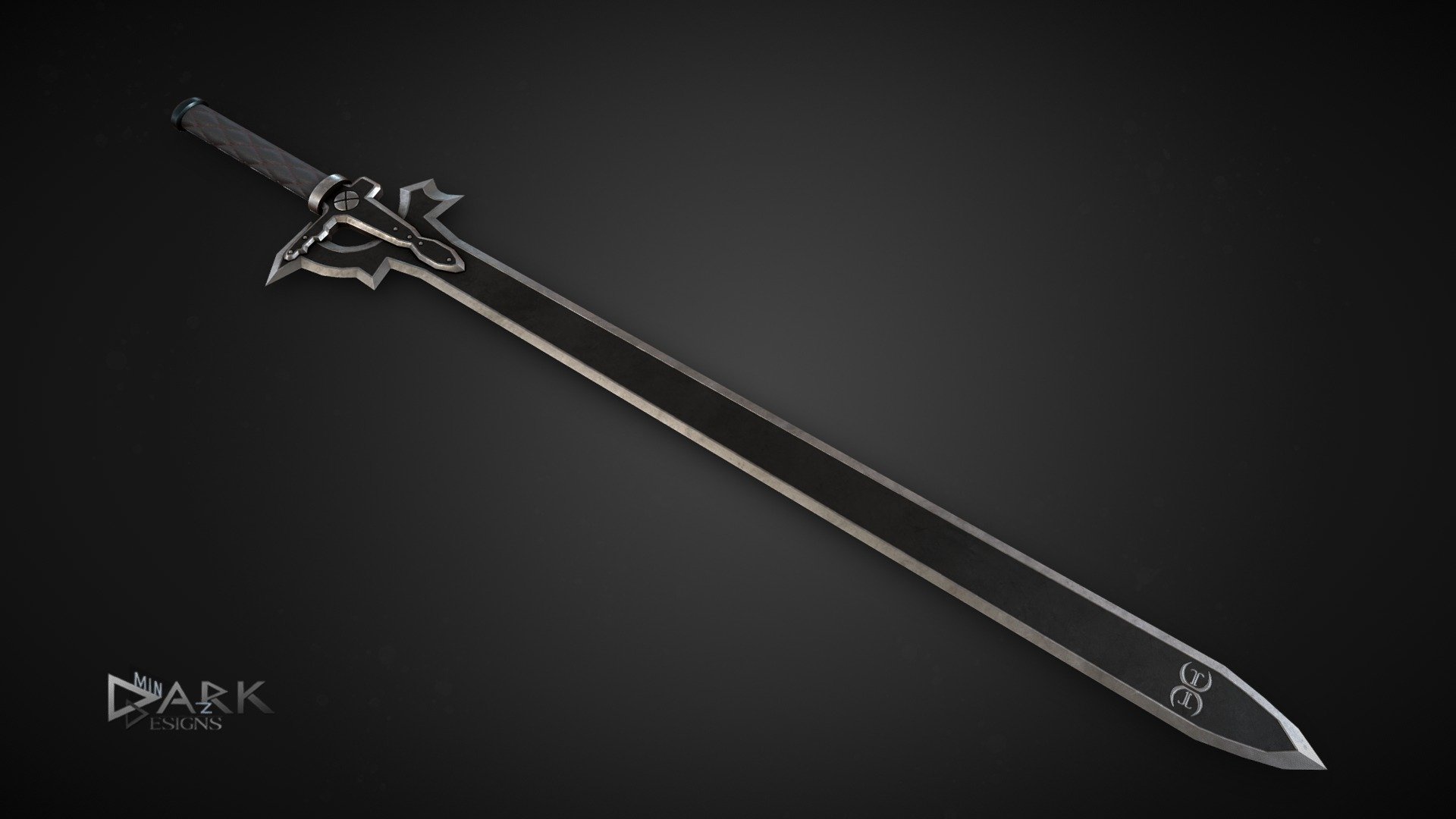 Elucidator is a pitch black sword with trims of gray. It has a black hilt connected to a hand guard that drops down on the right side. Attached to this elongated area of the hand-guard is part of Elucidator's blade, so as to better aid the user in retaining their grip on the sword when it is being used. The blade is completely black like the rest of the sword and the said blade is outlined in a light gray. In the design art by the illustrator of the novels, a small cross is emblazoned on the flat of the blade, just beneath the tip 3d model