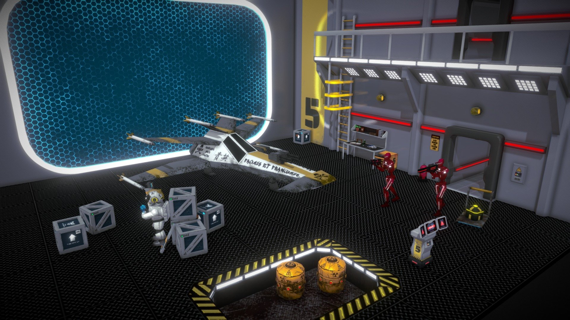 A Renegade Space Pirate has infiltrated docking bay number 5 in search for fortune. Robot security units have entered to take out the intruder. The Space Pirate is well-armed and is ready to unleash some destruction to achieve her objective 3d model