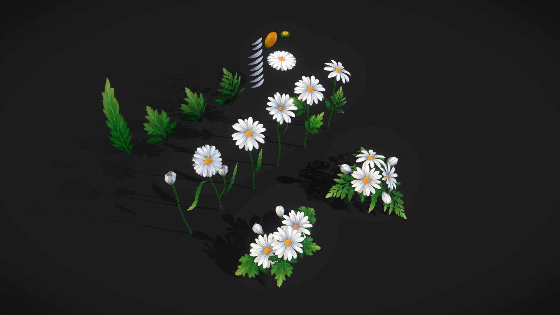 Daisies handpainted model. Overlapping UVs (texture atlas)

The archive contains following files:




.MA file (original MAYA file, version 2023)

FBX file

OBJ

Texture set:




T_Daisy.TGA (1k, 2k and 4k options) for BaseColor and Opacity

The model also available in the pack. 

If you have any additional questions or any problems related to the model, kindly contact me: katy.b2802@gmail.com - Handpainted stylized Daisies - Buy Royalty Free 3D model by Enkarra 3d model