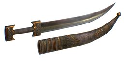 Persian Dagger Fighting Knife Af curved, special, hilt, legendary, silver, arms, handle, patterns, combat, realistic, iron, tactical, persian, edged, polymer, double-edged, weapon, knife, texture, lowpoly, gun, dagger, blade, gold, steel, inlaid, 3-model