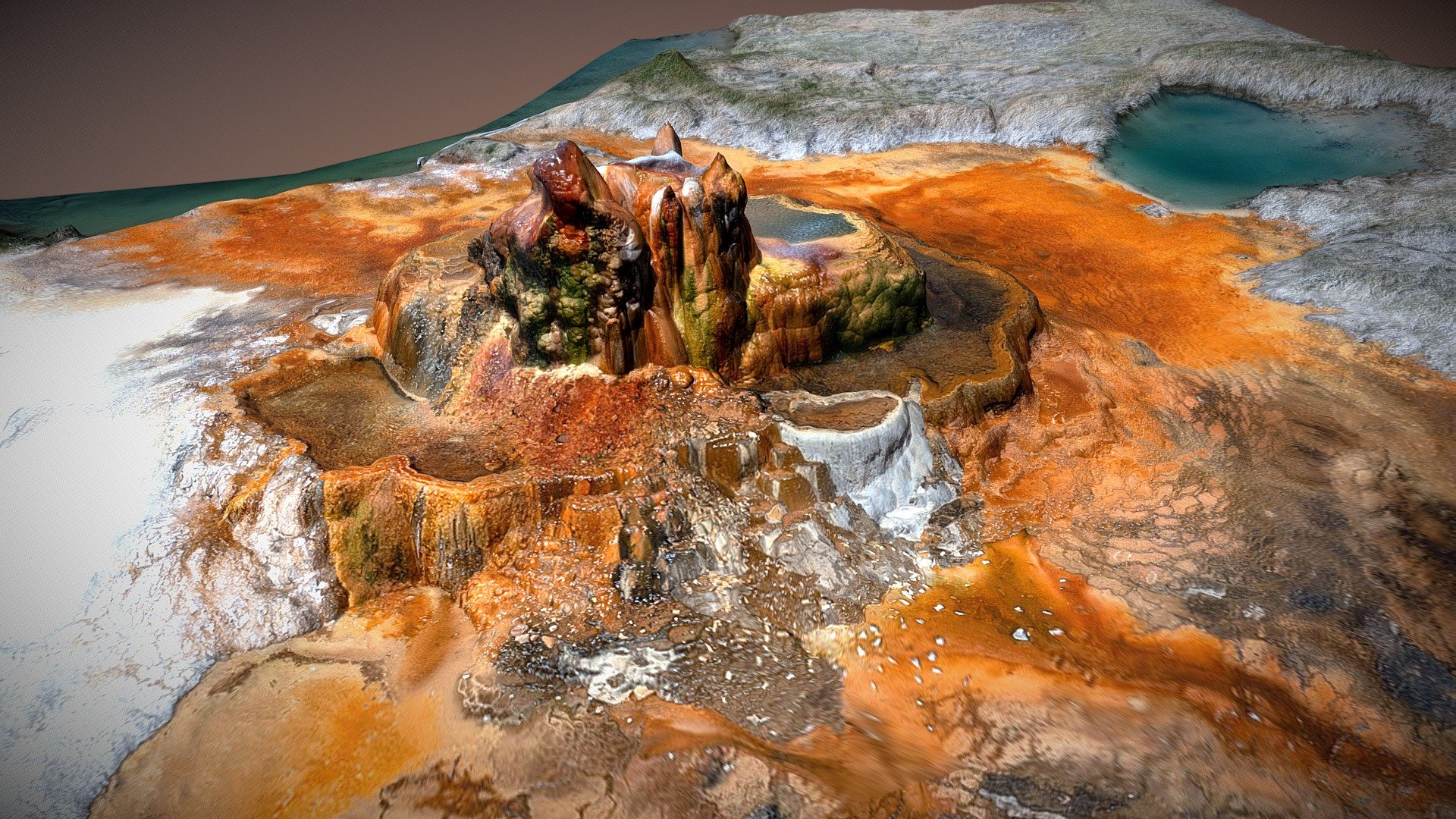 Recent photogrammetry scan of Fly Geyser May 2022.  This was taken during the LAGI 2022 Campout.



Fly Geyser: In 1964, a well was drilled by Western Geothermal, geyser is formed by growth of travertine deposits from the water. The yellow, red and green colors represent different species of algae and serve as a kind of heat map. The orange color indicates presence of iron. There is a lot of aragonite in the formation. Temperature of water shooting from Fly Geyser is 225ºF.


You can visit this property and do a nature walk with Friends of Black Rock or you can visit a complete virtual tour you can view on your desktop.

Details:




120 Drone Photos

Processed in MetaShape

Original Model Poly count, 5 million

Exported Model Poly count, 45k

Cleanup:




MeshLab

Lots and Lots of Blender cleanup

These are not in any sort of order but the over all clean up time was approximately 15 hours 3d model