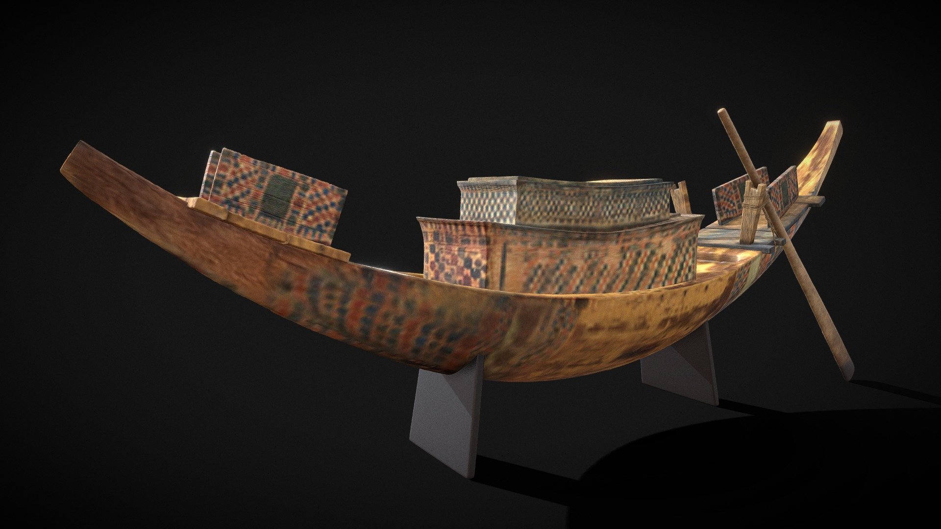 Painted Wooden Mastless Boat with Two-Story Cabin and Two Steering Paddles - Tutankhamun's Treasures - Boat I - Buy Royalty Free 3D model by Omassyx 3d model