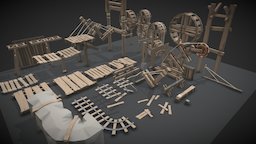 POLYGON wheel, goblin, skeleton, grass, machinery, crank, props, pole, beams, low-poly, wood, bridge
