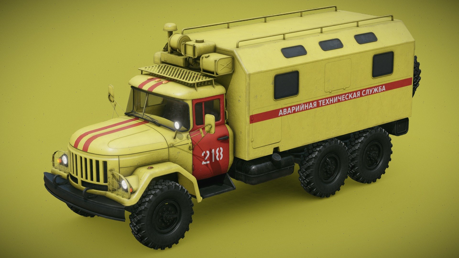 General purpose 3.5 tonne 6x6 truck designed in the Soviet Union. Here, in emergency services technial vehicle version.

Separate materials for: cabin, interior, glass, frame, wheel and command module.

Wheels are separate objects.

4k PBR textures for cabin, interior and command module. 2k for frame and wheel. 1k for the glass.

Textures for glass and command module with alpha transparency 3d model