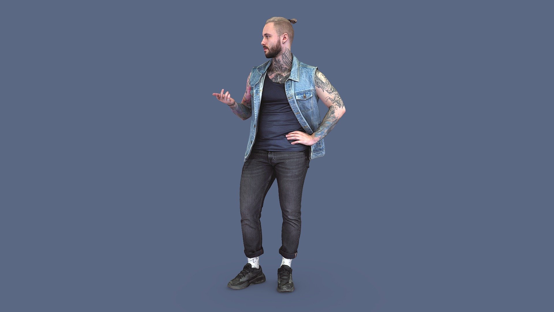 Follow us on instagram ✌🏼

✉️ A young man, tightly built, with dyed blond hair and a beard, in dark jeans, a denim vest, a T-shirt and sneakers, his neck, chest and arms are covered with tattoos, stands in a relaxed position, talks, gestures, turns slightly to the right.

🦾 This model will be an excellent mid-range participant. It does not need to be very close and try to see the details, it reveals and demonstrates its texture as much as possible in case of a certain distance from the foreground.

⚙️ Photorealistic Casual Character 3d model ready for Virtual Reality (VR), Augmented Reality (AR), games and other real-time apps. Suitable for the architectural visualization and another graphical projects. 50 000 polygons per model 3d model