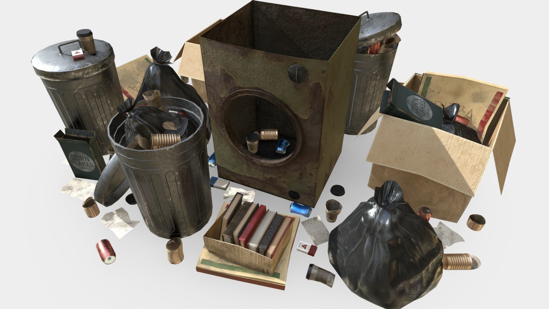 3D model of garbage collection for exterior cyberpunk scenes. This set is suitable for filling any game, any visualizations. Modular sections are easy to piece together in a variety of combinations. The example scene through included in the package. It's readily available to import in Unity3D and Ue4.



Pack contain 46 different objects, 1 Material, pbr textures 4096x4096, 2048x2048



2048 textures 26 mb (Ambient occlusion, Base Color, Height, Metallic, Mixed AO, Normal, Roughness) 

4096 textures 98 mb (Ambient occlusion, Base Color, Height, Metallic, Mixed AO, Normal, Roughness)




https://www.artstation.com/a/6647552 - Garbage set - 3D model by Crazy_8 (@korboleevd) 3d model