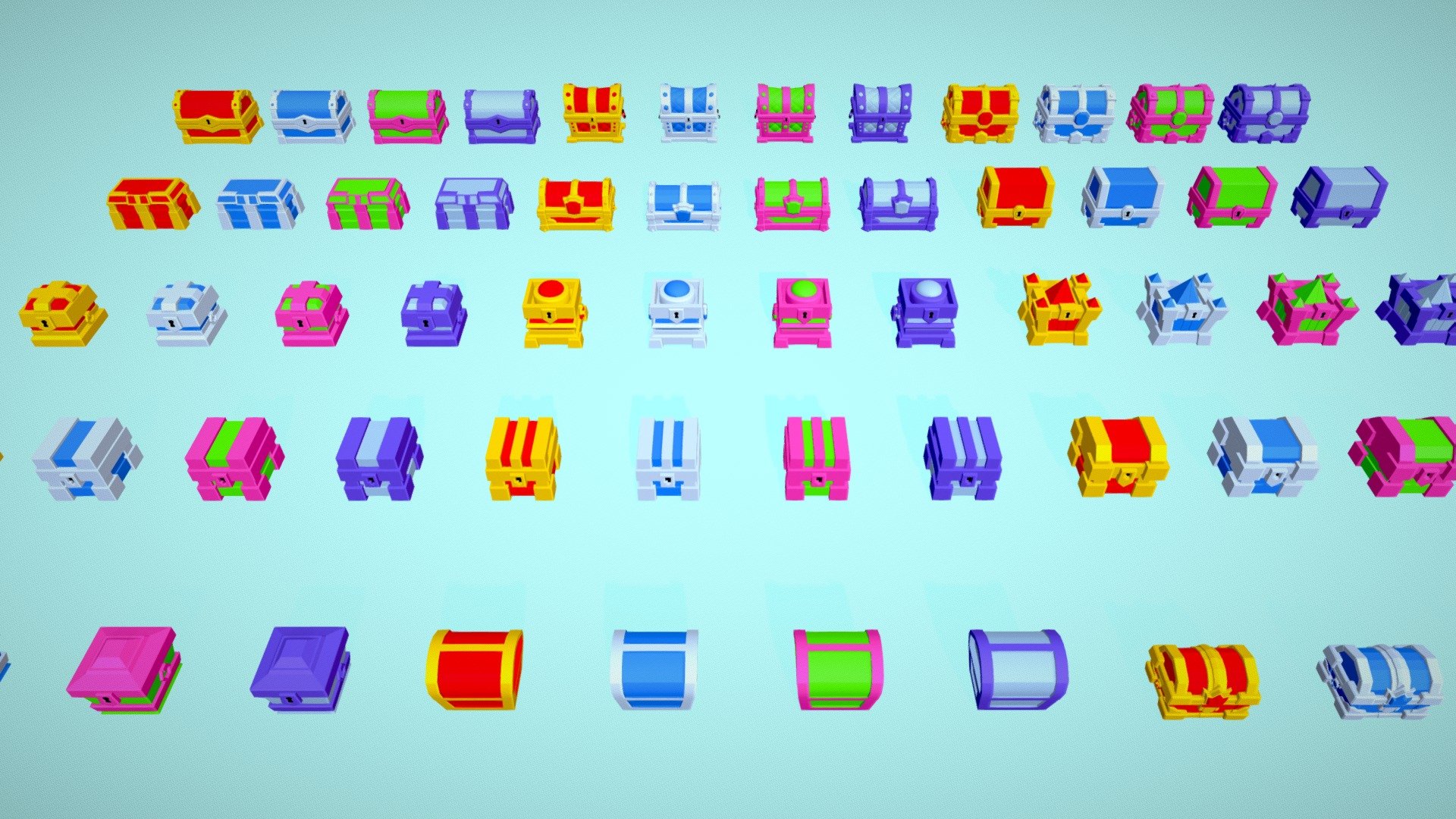 This package contains amazing cartoon-styled 64 low poly treasure chest models in one pack.
This pack is suitable for Reward Systems, Hyper Casual Games (To make an animation of opening treasure on winning), rendering, etc.
This type of treasure pack can be used in almost all types of games.
Each treasure chest is available in 4 color variants.
You can customize various color variants as per your needs by changing the material's color.

All the models are originally modeled in a blender. This pack included the following file formats: Blend.
Buy and enjoy a low poly treasure chest pack and leave valuable comments below. 
Rate this product if you liked it. Thank you 3d model