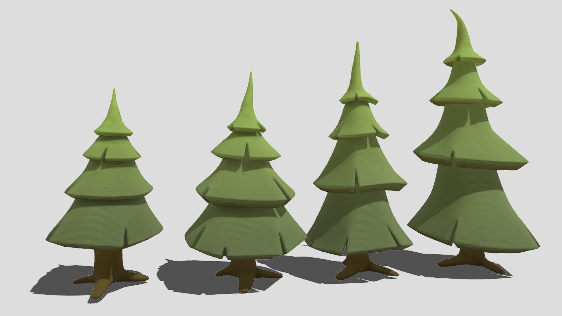 set of 4 low poly pine trees while testing out low poly designs and methods with Maya - Pines - 3D model by Studio Lab (@studiolab.dev) 3d model