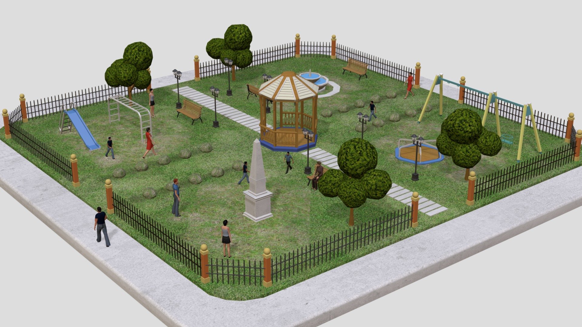 Low poly &lsquo;Urban Park' with children games
Made in 3D Max 2019. Rendered with V-Ray

Available in other formats: Obj, Fbx, 3ds, C4d, Stl (Other formats may vary slightly depending on your software)




Exported downversion 3D Studio Max 2017

All objects named in english

Detailed polygons count:




49.000 Total polygons

96.000 Triangles


51.800 Vertex




20.559 People (From 3D Studio Max gallery)





&ndash; If you liked my product, please, don't forget to rate it. That will help me a lot. Thanks! &ndash;


 - Low-poly Urban Park - Buy Royalty Free 3D model by Gabriel Quintana (@gabrielquintana) 3d model