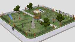 Low-poly Urban Park square, people, exterior, children, block, urban, park, outdoor, public, cityscape, architecture, low-poly, asset, game, lowpoly, city