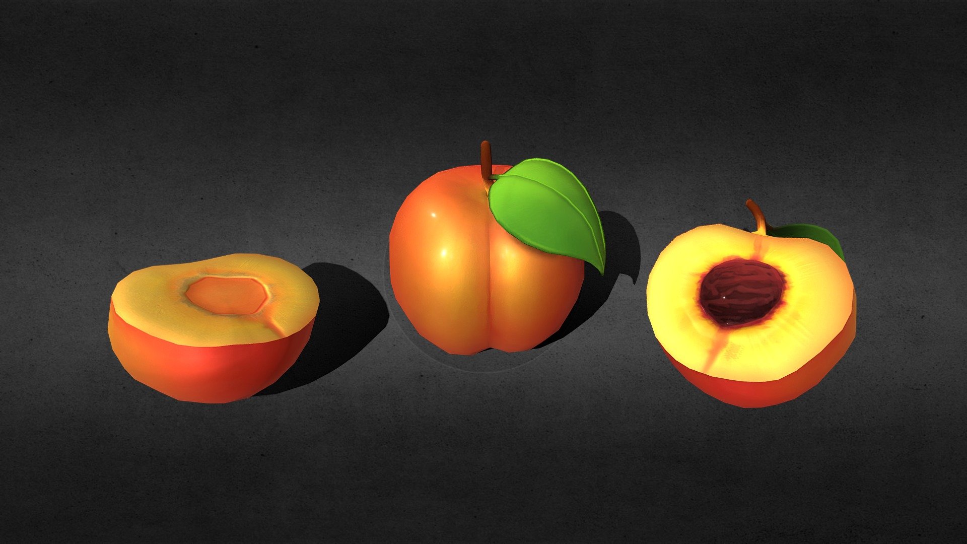 Peach Sliced Fruit Model with Leaf.

Object is made of clean geometry. 
All parts of the model are in the real world scale,
Mmodel can be put simply in your scene or game.

Textures:
Diffuse color map,
Roughness map,
Normal map.
All textures are 1024x1024px resolution for peach body 3d model