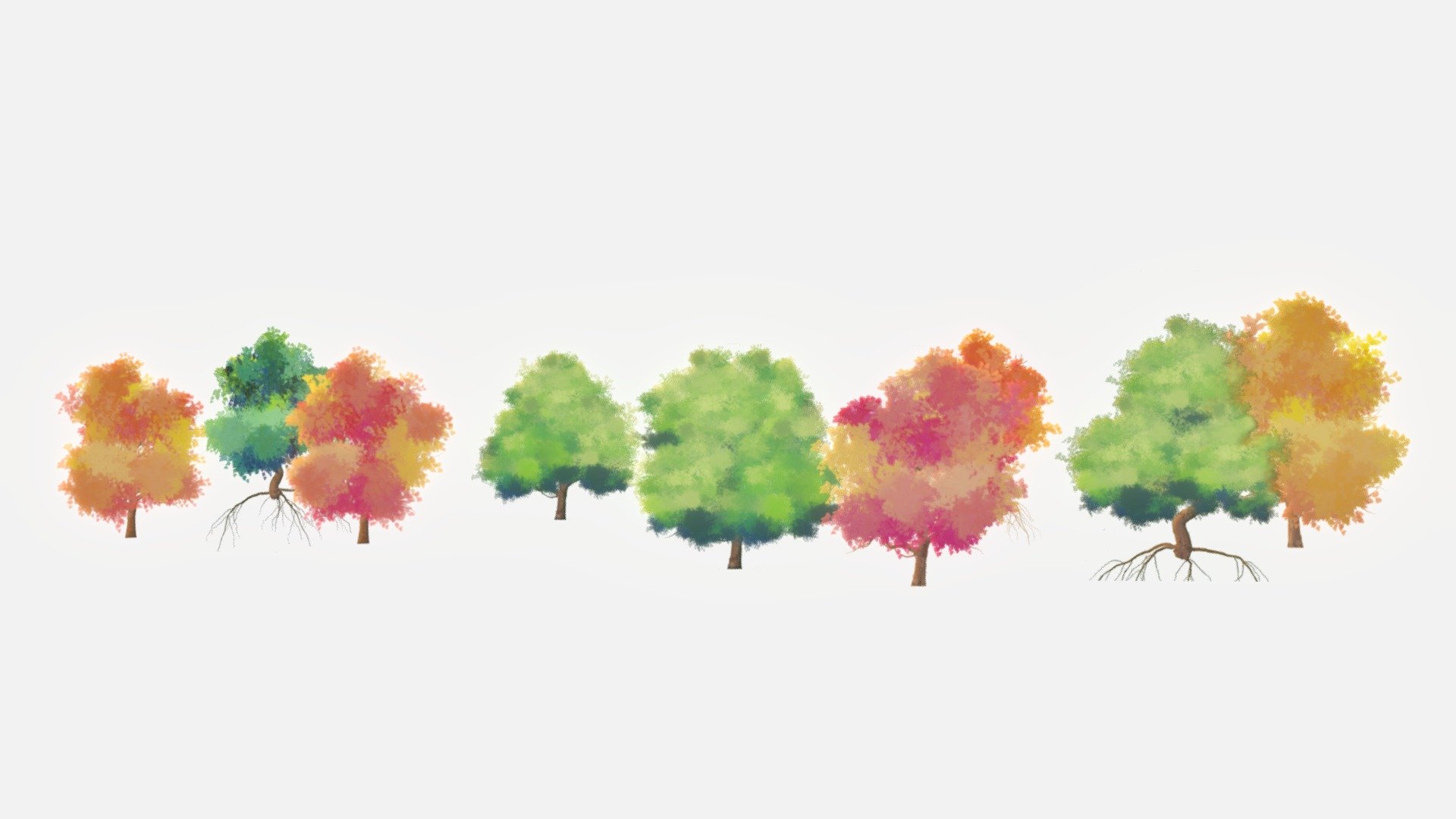 2D Handpainted Trees as plane billboards for your 2d/3d scene
Just add them on a plane and there you go 😇😁😁🌈🌈

i always wanted to buy some really good handpainted trees to buy. i couldnt find any somewhere, so i made my own 😋

Make them look at the camera, so they look at your direction any time and they are ready to level up your scene 100%
Enjoy!❤🌈☀😇✌ - 2d Handpainted Trees Billboards - Buy Royalty Free 3D model by ahingel 3d model