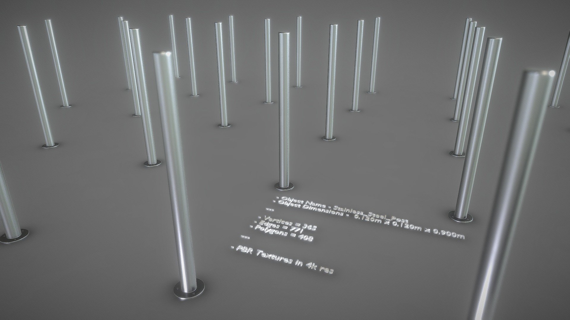 Modern barrier bollard made of stainless steel, low-poly and with PBR texture in 4K.


Object Name - Stainless_Steel_Post 
Object Dimensions -  0.120m x 0.120m x 0.900m



Vertices = 365
Edges = 771
Polygons = 408


3D model formats: 


Native format (*.blend)
Autodesk FBX (.fbx)
OBJ (.obj, .mtl)
glTF (.gltf, .glb)
X3D (.x3d)
Collada (.dae)
Stereolithography (.stl)
Polygon File Format (.ply)
Alembic (.abc)
DXF (.dxf)
USDC


Last update:
16:01:39  29.09.22
 - Modern Stainless Steel Barricade Bollard - Buy Royalty Free 3D model by VIS-All-3D (@VIS-All) 3d model
