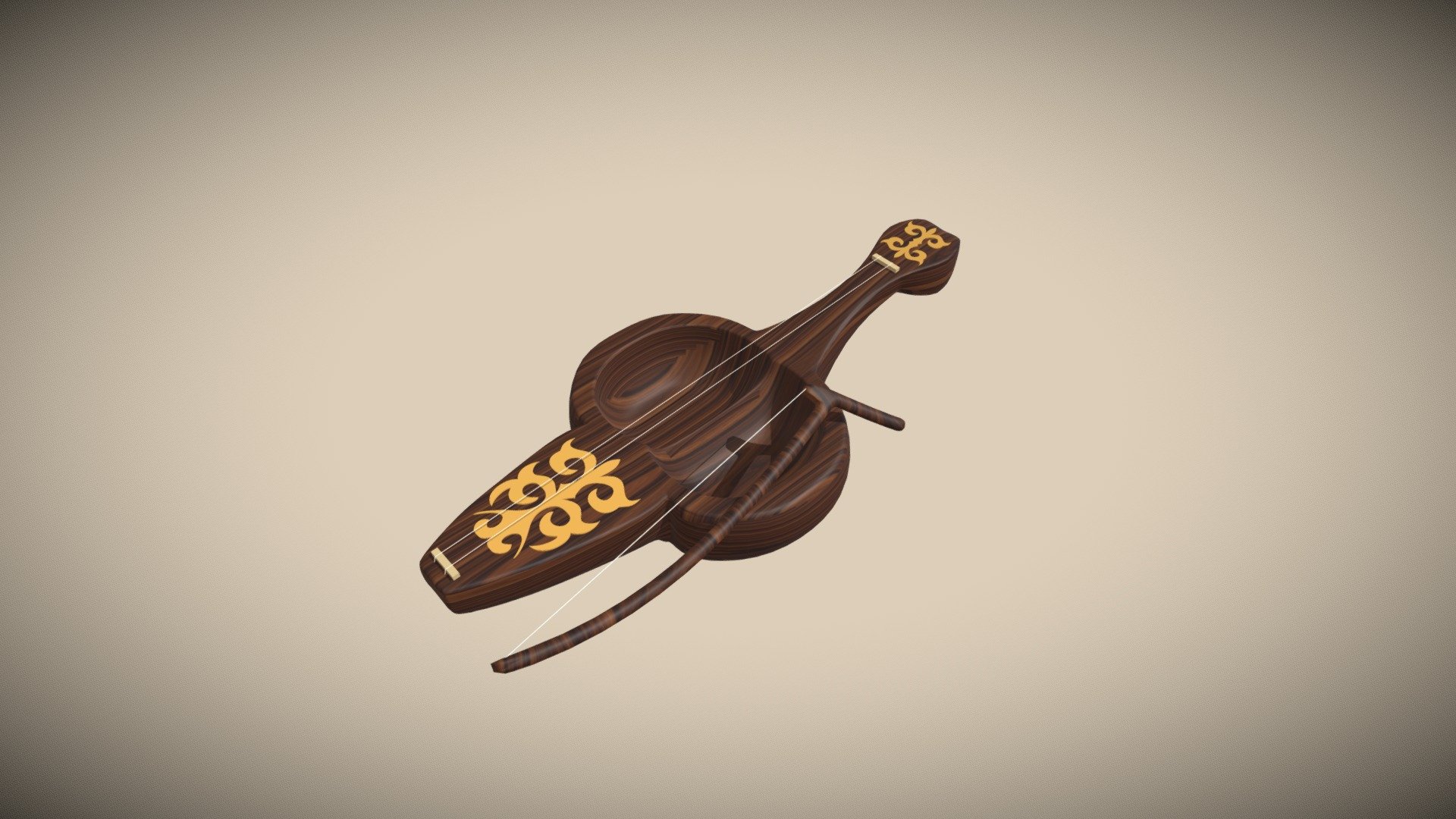 Kobyz has a double bucket body, a short, arched neck and a large flat head. The body is usually made of walnut, birch, pine, juniper. It consists of a hollowed-out double hemisphere, to which a handle is attached from above, and a stand from below. Part of the body is covered with a camel skin membrane. Two strings are twisted from twisted horsehair. The total length of the tool is 60-73cm - Kobiz Kazakh - Buy Royalty Free 3D model by Adil.Yessentugel 3d model