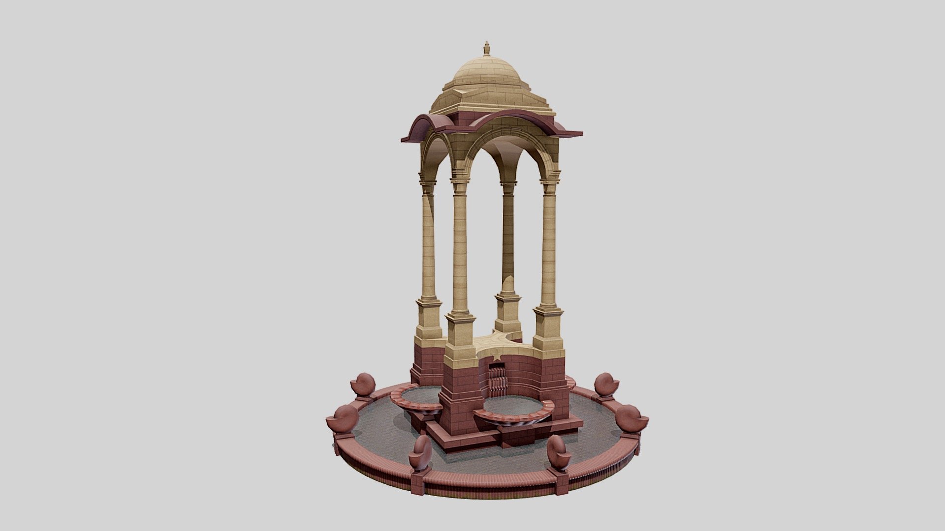 About 150 metres East of the India Gate in New Delhi, India is a 22m cupola, inspired by a sixth-century pavilion from Mahabalipuram, with four Delhi Order columns to support the domed canopy and its chhajja.

The textures have been created in Substance Painter and Designer specifcally for this model to give it a high quality, realistic look 3d model