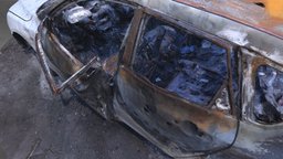 Burned Mazda 3 automobile, wheels, wreck, mazda, old, auto, destroyed, wrecked, burnt, burned, vehicle, car, mazda3, no-wheels