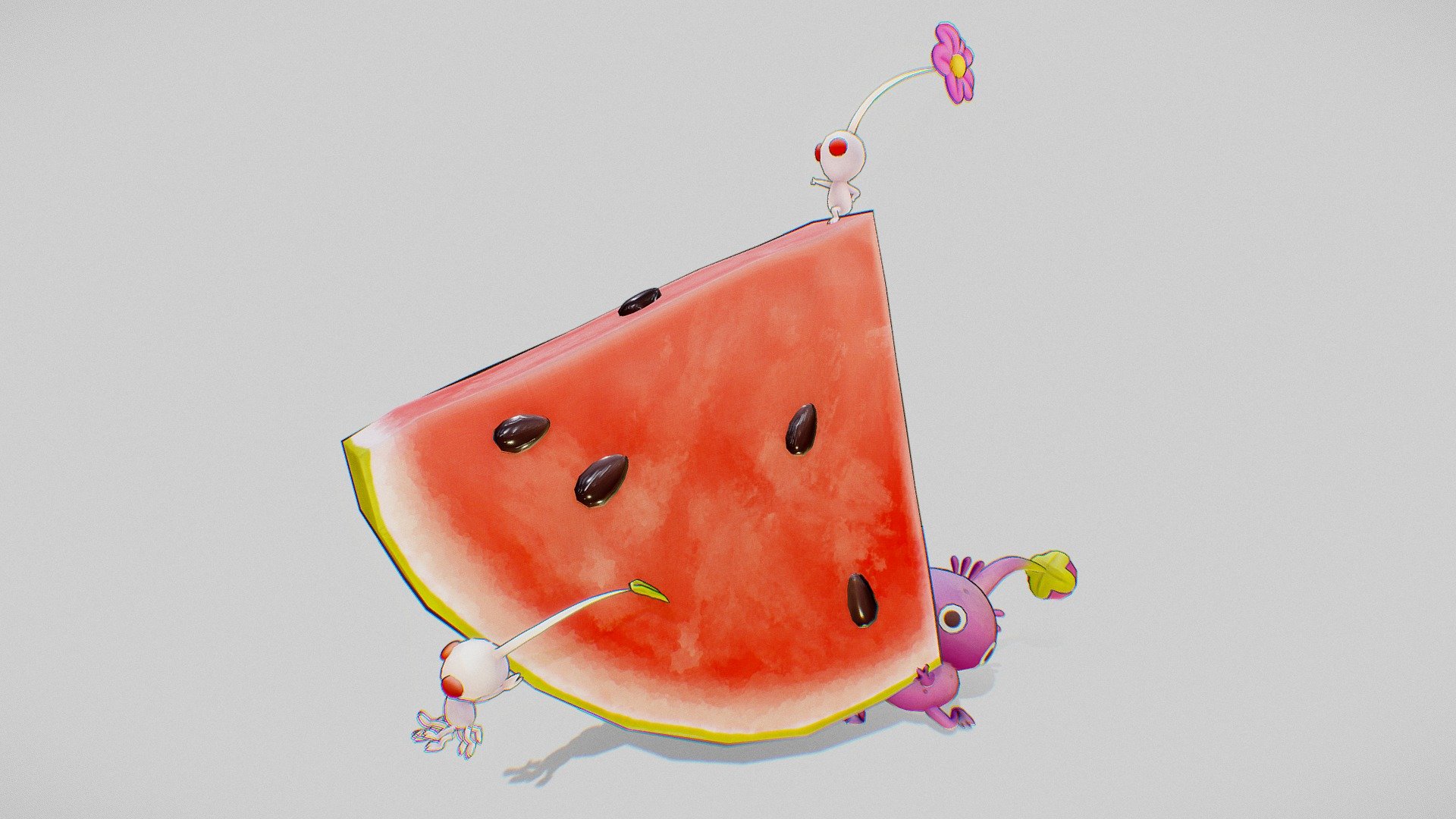 A 3D rendition of the amazing Illustration created by @apamaate (On Twitter)
More Images and a Rendered Video: artstation.com/artwork/VgvJm4

I Hope You like it! - Pikmin and the Watermelon - 3D model by Andy (Pandabox) (@ItsPandaBox) 3d model