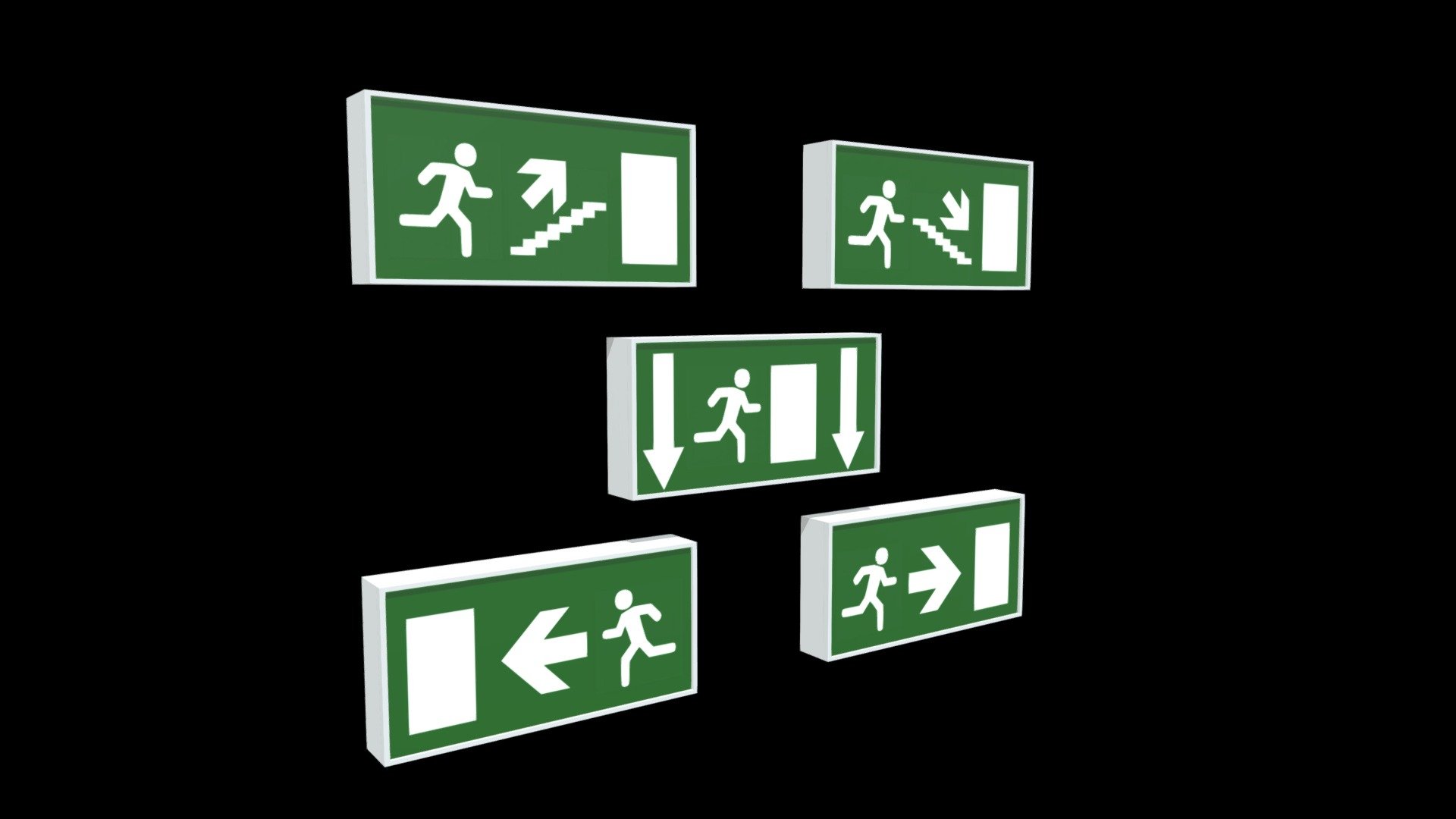 === The following description refers to the additional ZIP package provided with this model ===

Emergency exit signs 3D Model. 10 individual objects (5 cases, 5 panels), sharing 2 non overlapping UV Layout maps, Materials (cases, signs; so, you can easily turn them in emitting panels) and PBR Textures sets. Production-ready 3D Model, with PBR materials, textures, non overlapping UV Layout map provided in the package.

Quads only geometries (no tris/ngons).

Formats included: FBX, OBJ; scenes: BLEND (with Cycles / Eevee PBR Materials and Textures); other: png with Alpha.

10 Objects (meshes), 2 PBR Materials, UV unwrapped (non overlapping UV Layout map provided in the package); UV-mapped Textures.

UV Layout maps and Image Textures resolutions: 2048x2048; PBR Textures made with Substance Painter.

Polygonal, QUADS ONLY (no tris/ngons); 3390 vertices, 3160 quad faces (6320 tris).

Real world dimensions; scene scale units: cm in Blender 3.1 (that is: Metric with 0.01 scale) 3d model