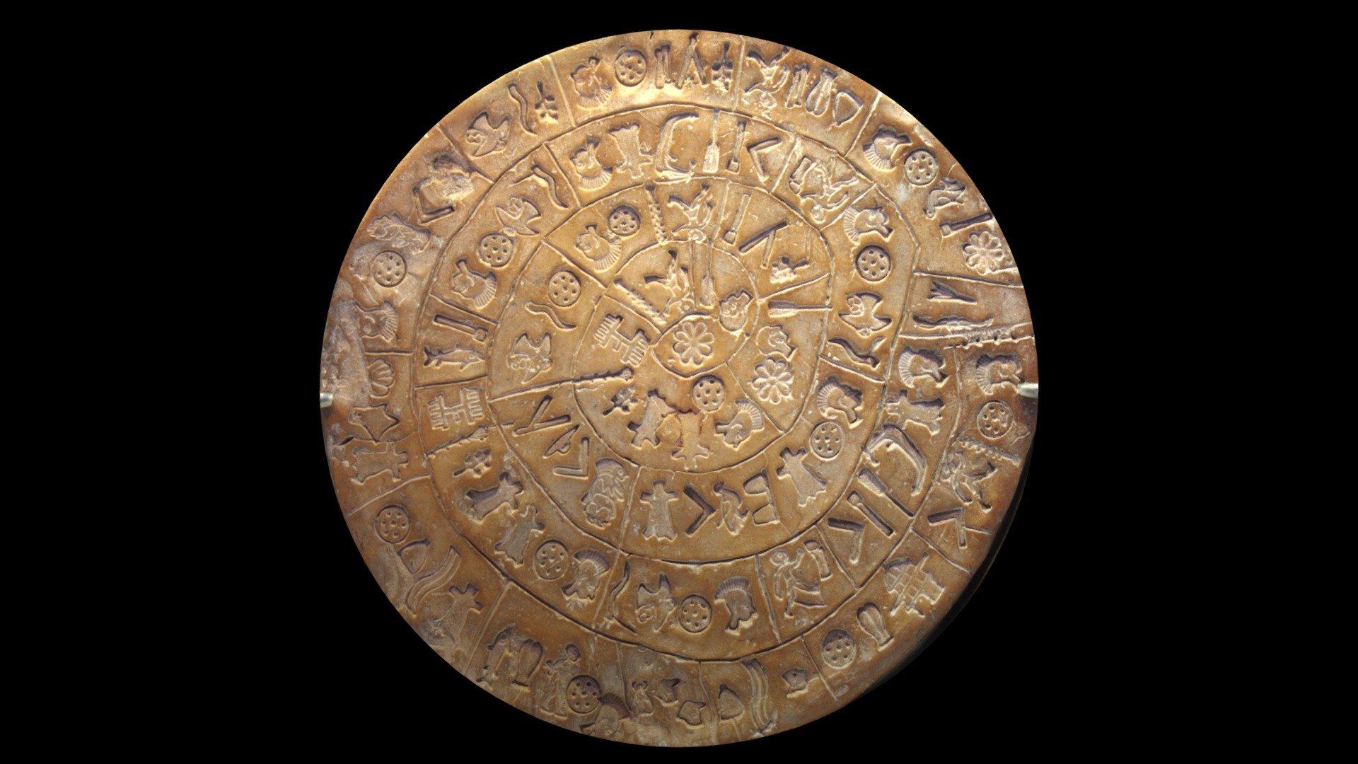 The Phaistos Disc (also spelled Phaistos Disk, Phaestos Disc) is a disk of fired clay from the Minoan palace of Phaistos on the island of Crete, possibly dating to the middle or late Minoan Bronze Age (second millennium BC). The disk is about 15 cm (5.9 in) in diameter and covered on both sides with a spiral of stamped symbols. Its purpose and its original place of manufacture remain disputed. It is now on display at the archaeological museum of Heraklion 3d model