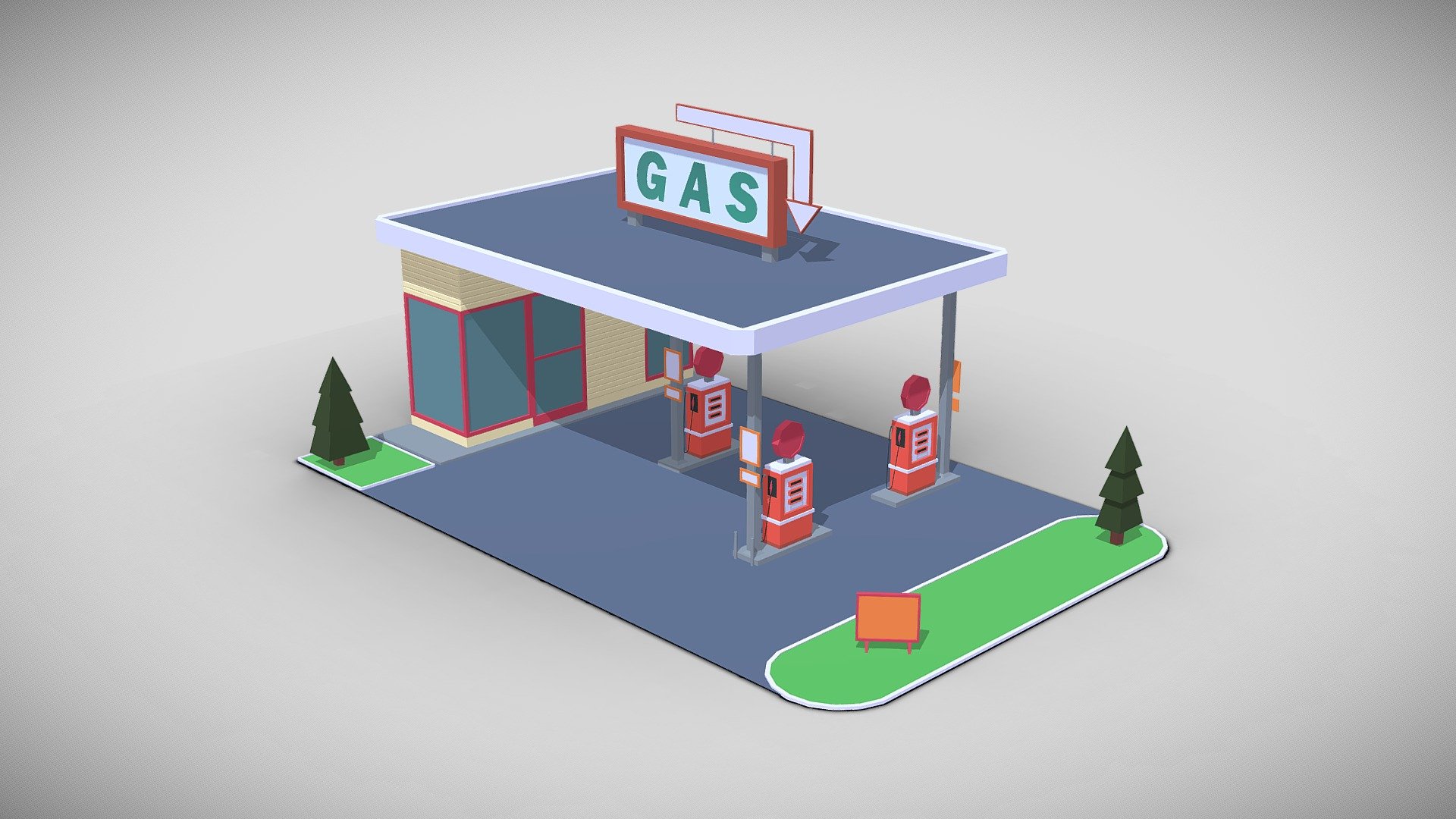 Lowpoly gas station with a polycount of 2788 polies and one single texture of 32x32 pixels for the diffuse, this asset can be used in any game engine like unity or UE so its game friendly, also it can be used for renders with any render engine like, arnold, vray, corona, ect 3d model