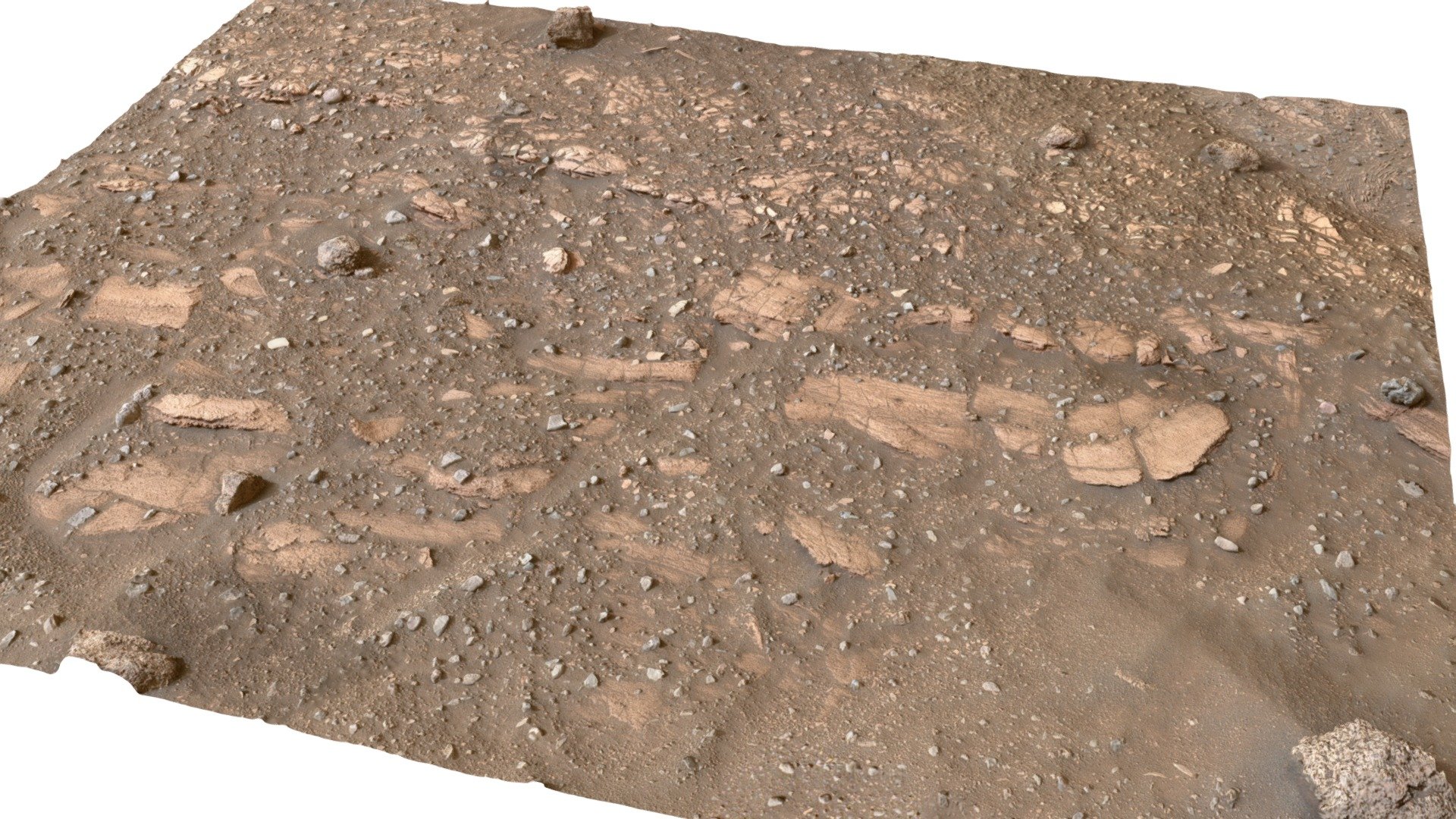 Model of the Rose River Falls before abrasion. This is made from high-resolution Mastam-Z and Engineering Camera images from Sol 448-451. The scalebar is 1 meter long, 10cm wide, and points North. The colors are enhanced and gamma-corrected to show contrast. Credits: NASA/JPL/MSSS/ASU/Cornell - M2020 ZCAM -- Rose River Falls, Sol 449 - Download Free 3D model by Mastcam-Z 3d model