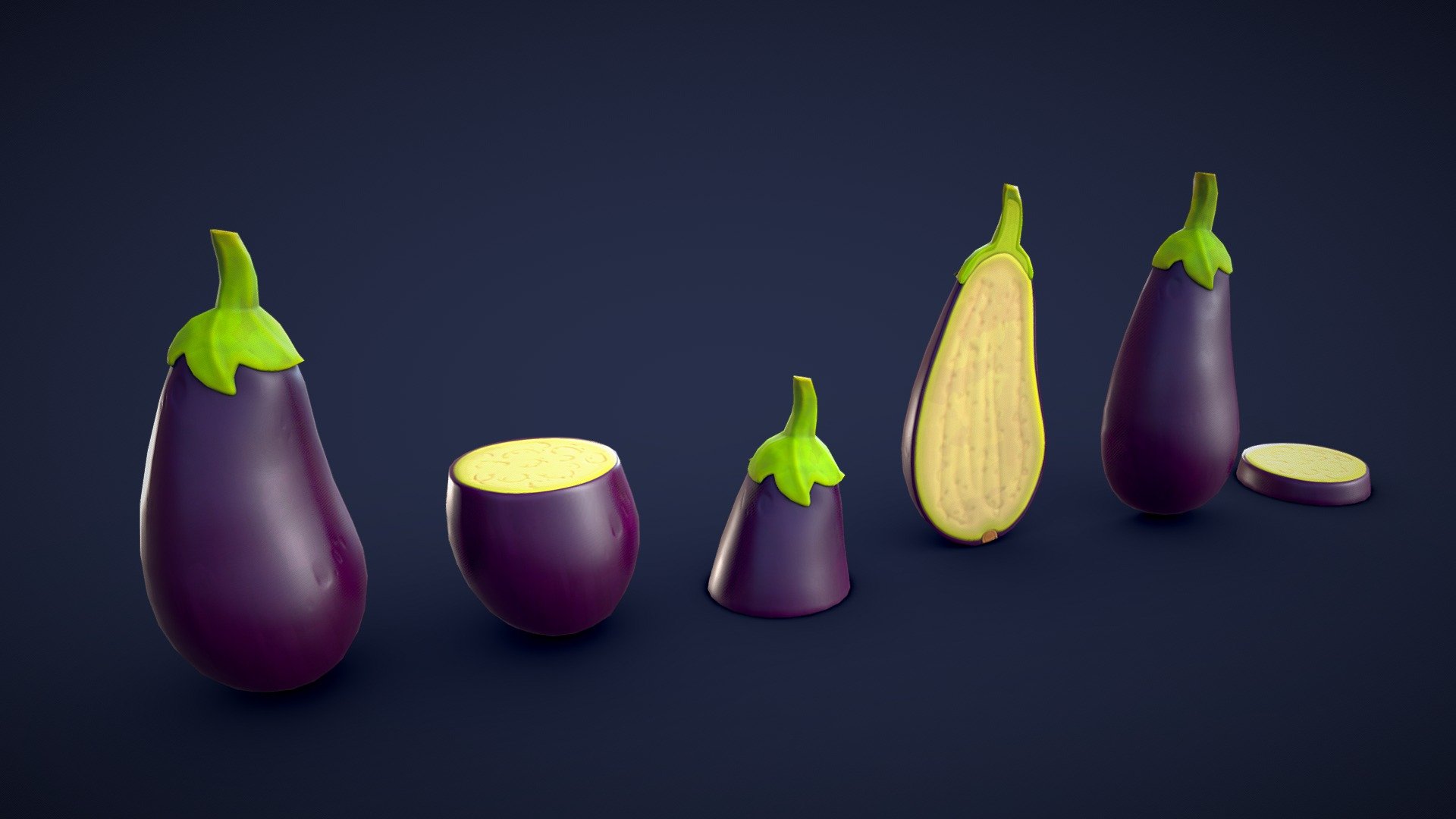 This asset pack contains 6 different eggplant meshes. Whether you need some fresh ingredients for a cooking game or some colorful props for a supermarket scene, this 3D stylized eggplant asset pack has you covered!

Model information:




Optimized low-poly assets for real-time usage.

Optimized and clean UV mapping.

2K and 4K textures for the assets are included.

Compatible with Unreal Engine, Unity and similar engines.

All assets are included in a separate file as well.
 - Stylized Eggplant - Low Poly - Buy Royalty Free 3D model by Lars Korden (@Lark.Art) 3d model