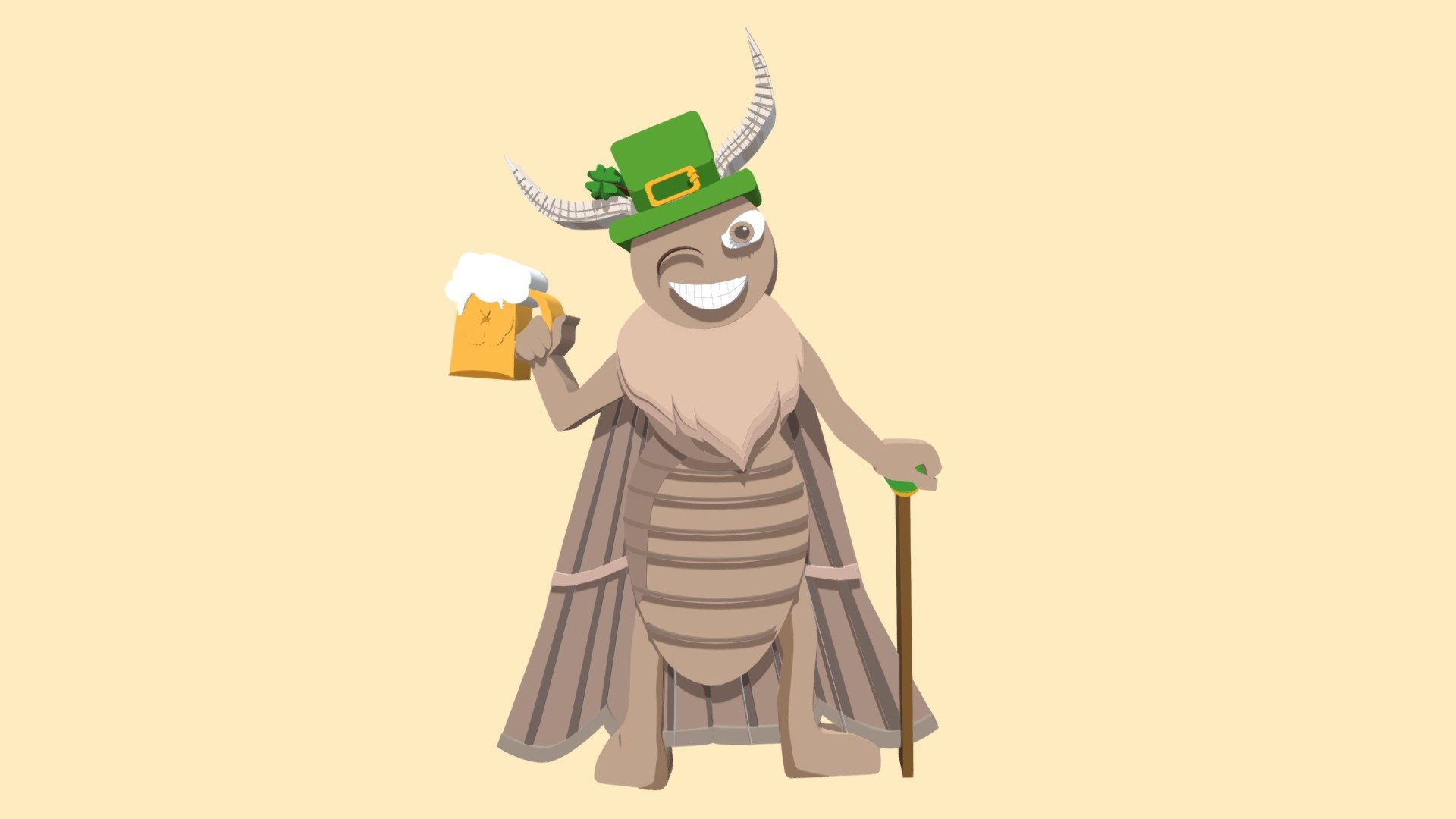 I don't 100% remember how I came to this conclusion, lol, but what I do remember is that I wanted some sort of funny Irish pub icon but something different from like a leprachun. Actually I lied, I know how I came to this conclusion. I chose the Irish moth since I haven't seen this one yet and wanted to see how this would turn out in the end. Making this into a real thing is also someting I thought about. Transitioned him from Illustrator to Blender 3d model