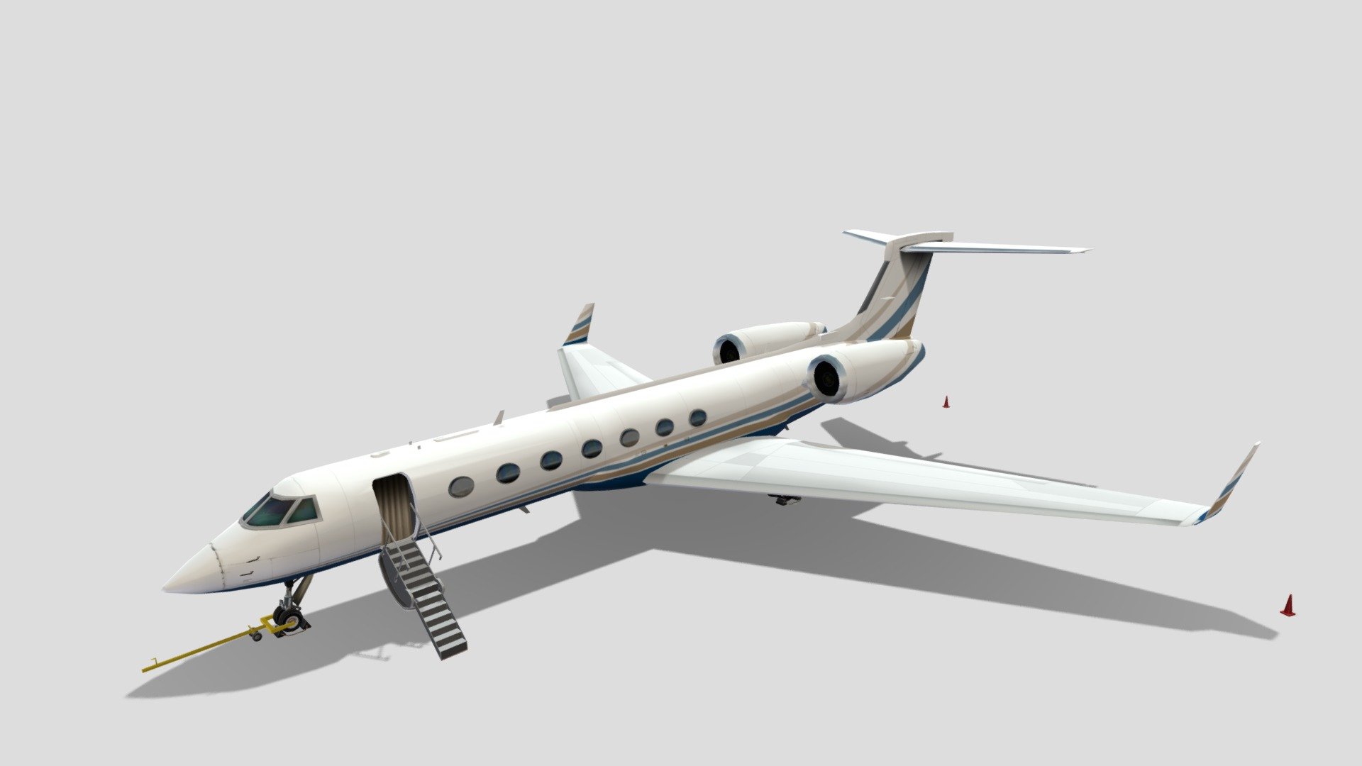 _The Gulfstream G550 is a business jet aircraft produced by General Dynamics' Gulfstream Aerospace unit in Savannah, Georgia, US. The certification designation is GV-SP. A version with reduced fuel capacity was marketed as the G500. Gulfstream ceased production of the G550 in July 2021. The G550 (GV-SP) with improved engines received its FAA type certificate on August 14, 2003.[2] In 2014, Gulfstream looked at a re-engine with the Rolls-Royce Pearl BR700 development announced in May 2018 for the new Global Express 5500 and 6500 variants but preferred the BR725-powered, 7,500 nmi G650.[3] The 500th Gulfstream G550 aircraft was delivered in May 2015.

static, non rigged, Lowpoly, blank layered 2048 psd template layered texture, for MSFS or XPlane Scenery Airport development , standard materials, not a detailed interior just enough to be seen as part of enviroment.

thanks for looking! dont forget to check my other models - Gulfstream G550 Low Poly Static Aircraft Blank - Buy Royalty Free 3D model by hangarcerouno 3d model