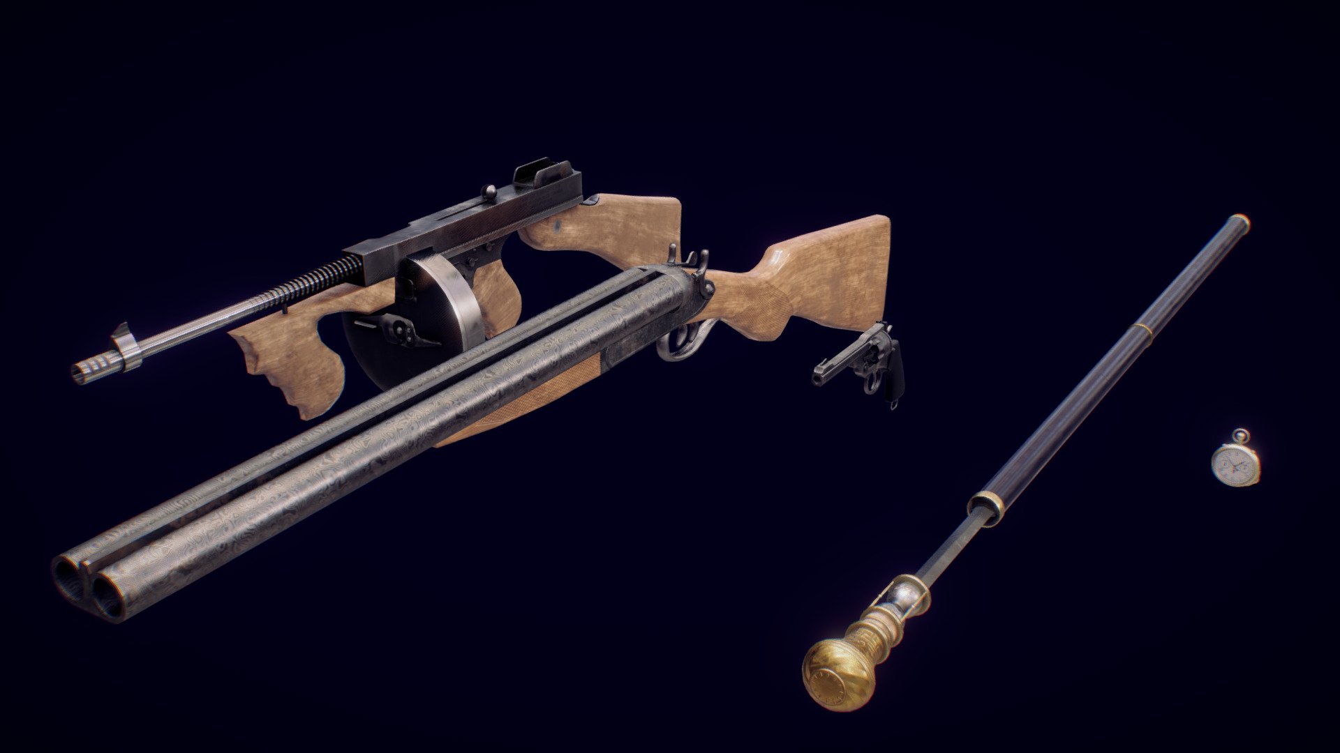 Made for Split Aeon, a first-person shooting game project. The game is set in the 1920s with magical elements and the ability to time travel. The guns and the cane are used to defeat enemies while navigating through Paradox Theater, while the pocket watch is an off-hand tool that allows one to travel 50 years into and back to the past 3d model