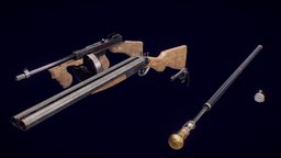 1920s Weapon Set shooter, pocketwatch, clockwork, cane, 1920s, firstpersonshooter, substancepainter, game, blender, gameasset, gun