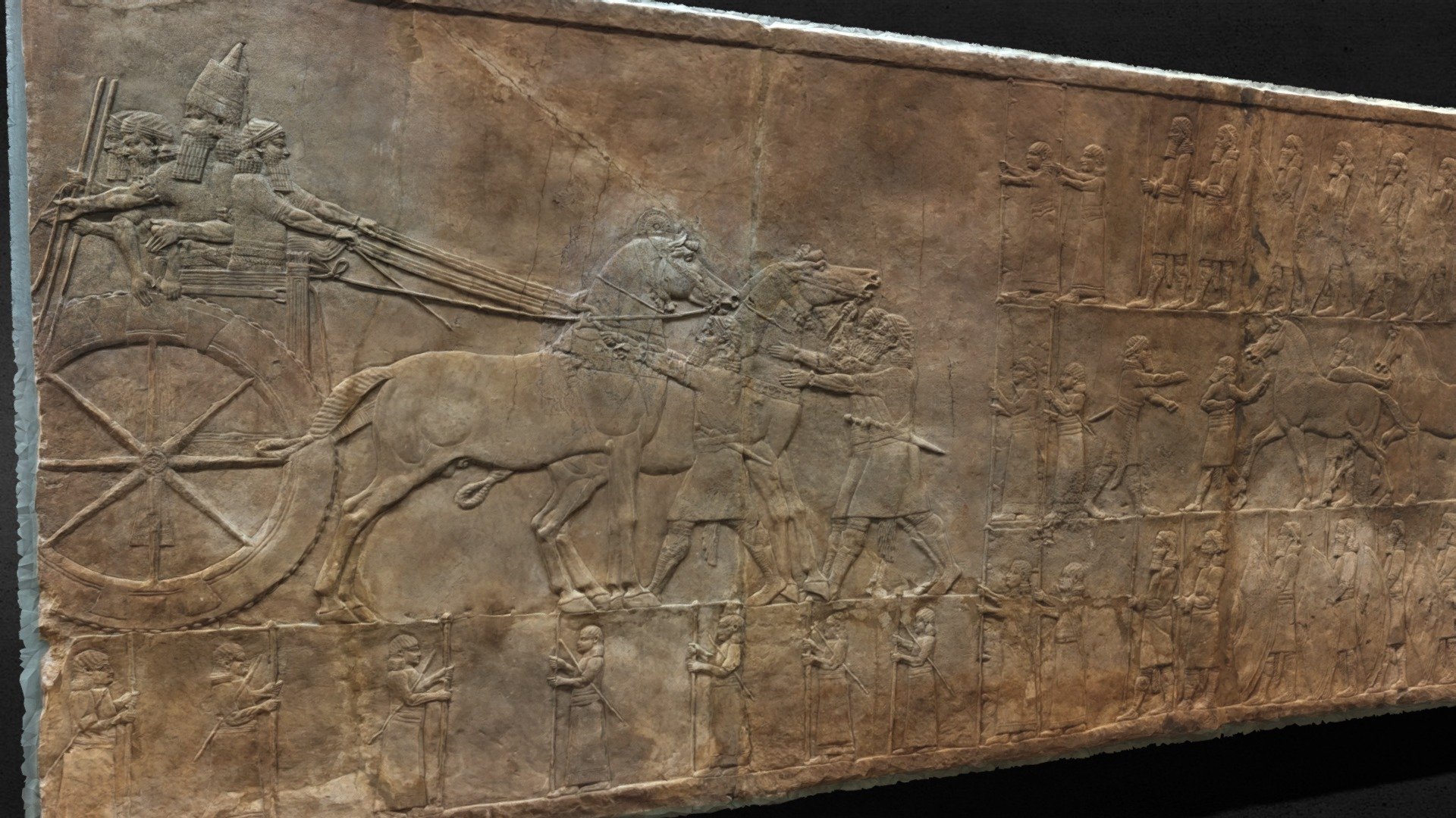 This is a famous artwork from ancient Assyria that can be found in the British Museum. In its web you can find this and more information: https://www.britishmuseum.org/collection/galleries/assyria-lion-hunts

In ancient Assyria, hunting lions was considered the sport of kings, symbolic of the ruling monarch's duty to protect and fight for his people. The sculpted reliefs in Room 10a illustrate the sporting exploits of the last great Assyrian king, Ashurbanipal (668–631 BC) and were created for his palace at Nineveh (in modern-day northern Iraq).
The hunt scenes, full of tension and realism, rank among the finest achievements of Assyrian Art. They depict the release of the lions, the ensuing chase and subsequent killing.

The model was obtained with photogrammetry from photographs taken with an iphone 4s and is optimized for on-line visualization 3d model