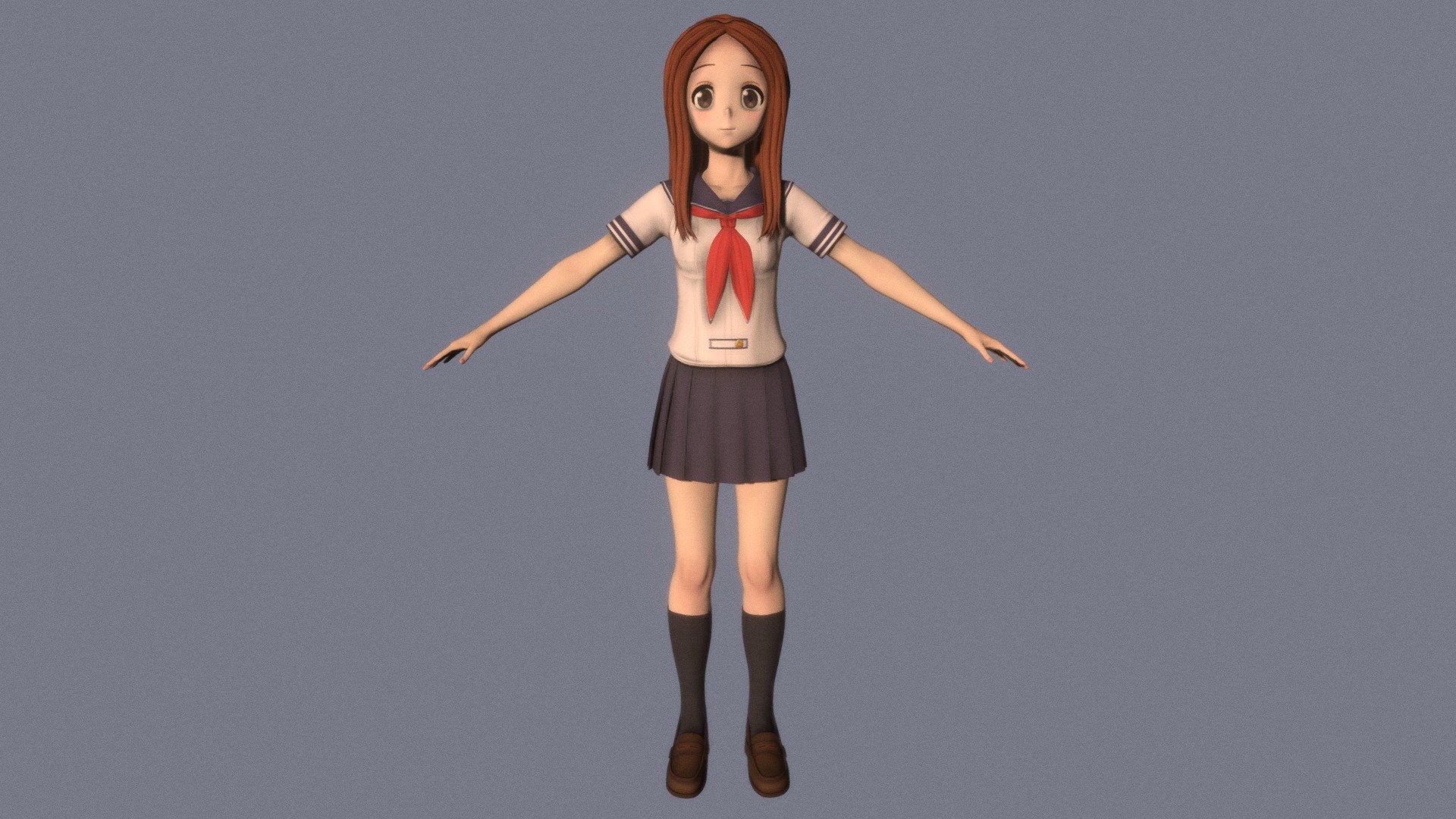 T-pose rigged model of anime girl Takagi-san (Karakai Jouzu no Takagi-san).

Body and clothings are rigged and skinned by 3ds Max CAT system.

Eye direction and facial animation controlled by Morpher modifier / Shape Keys / Blendshape.

This product include .FBX (ver. 7200) and .MAX (ver. 2010) files.

3ds Max version is turbosmoothed to give a high quality render (as you can see here).

Original main body mesh have ~7.000 polys.

This 3D model may need some tweaking to adapt the rig system to games engine and other platforms.

I support convert model to various file formats (the rig data will be lost in this process): 3DS; AI; ASE; DAE; DWF; DWG; DXF; FLT; HTR; IGS; M3G; MQO; OBJ; SAT; STL; W3D; WRL; X.

You can buy all of my models in one pack to save cost: https://sketchfab.com/3d-models/all-of-my-anime-girls-c5a56156994e4193b9e8fa21a3b8360b

And I can make commission models.

If you have any questions, please leave a comment or contact me via my email 3d.eden.project@gmail.com 3d model