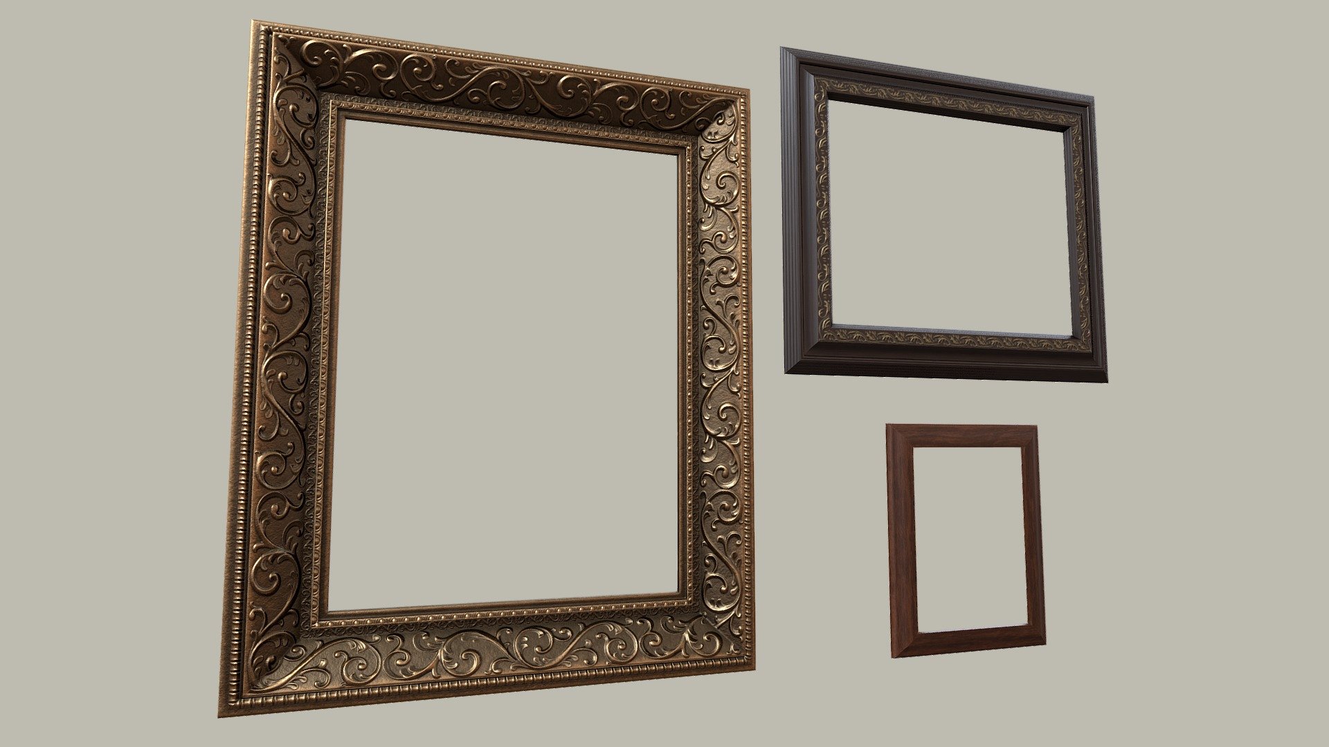 Assorted picture frames, ready to use for any archvis or realtime applications.

Contents:

frame1 (gold frame) fbx, 2k pbr set, ARM texture (R - AO, G - Metalness, B - Roughness)

frame2 (black and gold frame) fbx, 2k pbr set, ARM texture (R - AO, G - Metalness, B - Roughness)

frame3 (wood frame) fbx, 1k pbr set, ARM texture (R - AO, G - Metalness, B - Roughness)

Comment if you have any questions 3d model