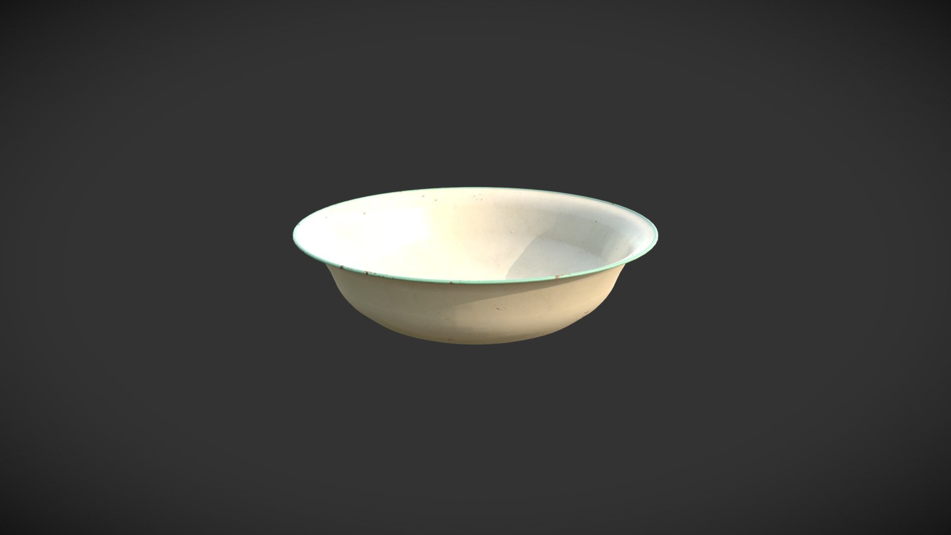 Model of an old and somewhat rusty enameled water bowl with 4K PBR-textures built to real-world scale (metric system).

The water bowl is a classic design inspired by the old enameled products of the Kockums brand, especially the yellow series with green edges that were produced from the 1930s to the 1970s. Bowls such as this one could be found in both private houses and hotels, and were among many other things used for cleaning and personal hygiene in places where running water was not readily available.

The model was created using Blender and Substance Painter. The model is UV-mapped and has a single material.

The zip-file “Rusty water bowl.zip” contains all the textures as png-files (8 bits), as well as the model in the following file formats:

Autodesk FBX 3.9.1 (.fbx)

OBJ 2.3.6 (.obj &amp; .mtl)

Collada 1.4.1 (.dae) 

Blender v2.79 (.blend) - Rusty water bowl - Buy Royalty Free 3D model by Vertex-Design 3d model