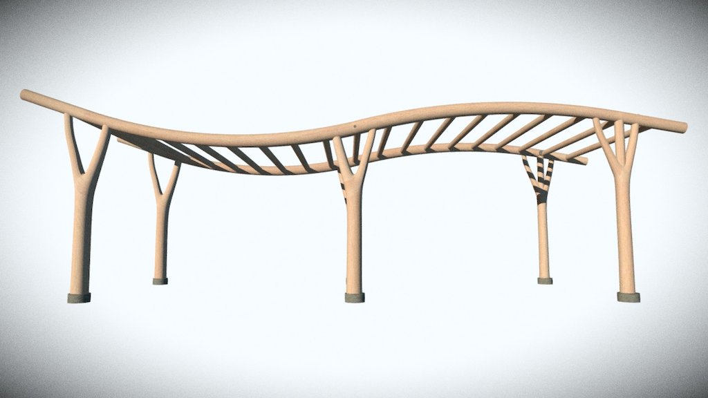 This wave-shaped pergola is designed and manufactured by WholeTrees. It is made out of small diameter round timbers consisting of naturally arched and branched pieces. This easy-entry product is available through WholeTrees Architecture and Structures. 

Rendering by Project Designer, Candace Kao 3d model