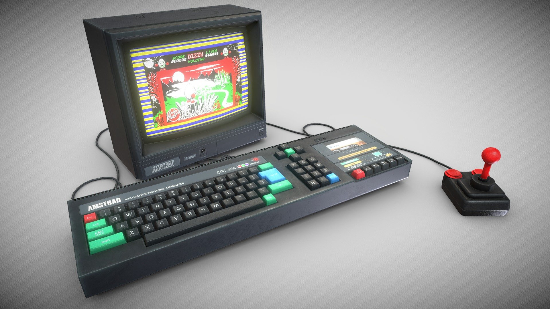 Retro gaming in the 1980s. the Amstrad was one of the 8 bit machines of the era that paved the way for the consoles to come.

Modelled in 3ds Max with a mid-poly bake down and then fully textured in Quixel Mixer 2020. I wanted to add a hint of life with some motion in the tape cassette and classic loading screen. 

Texture setup:
 - 2048x2048 texture maps
 - PBR Metalness setup 
 - Additional maps to assist with emissive and alpha segments

Included:
the textures for my personal version of the same asset which can be seen here
 - https://skfb.ly/o6ZIq - Amstrad CPC 464 - Buy Royalty Free 3D model by Wayne Pratt (@ebanimations) 3d model