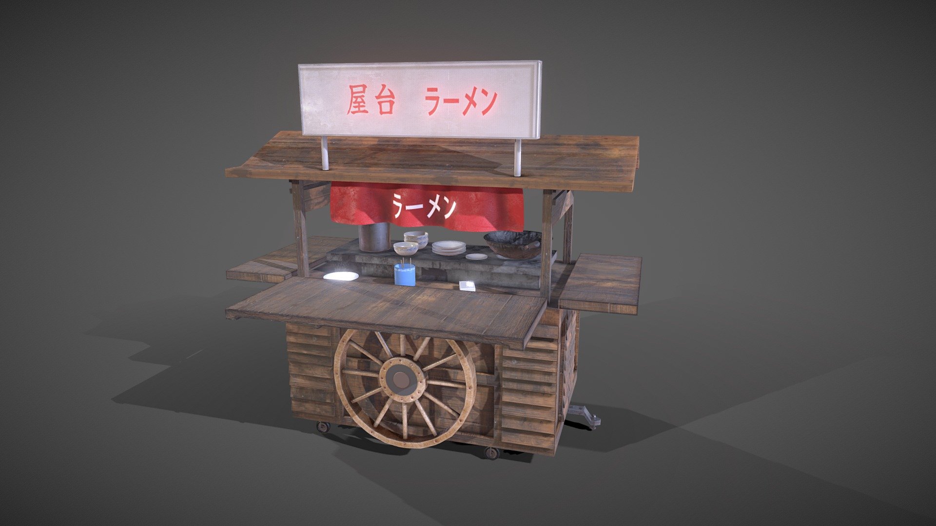 Japanese Yatai (food stall) , handy prop for any sort of enviroment. 

Side doors are animated so you can have them open or closed.   Come s with, plate, bowls, pot and wok.

Yatai is 4K PBR texutres and the smaller props are 2k PBR textures. 

Let me know if you have any requests - Japanese shop stand Yatai - Buy Royalty Free 3D model by Sousinho 3d model