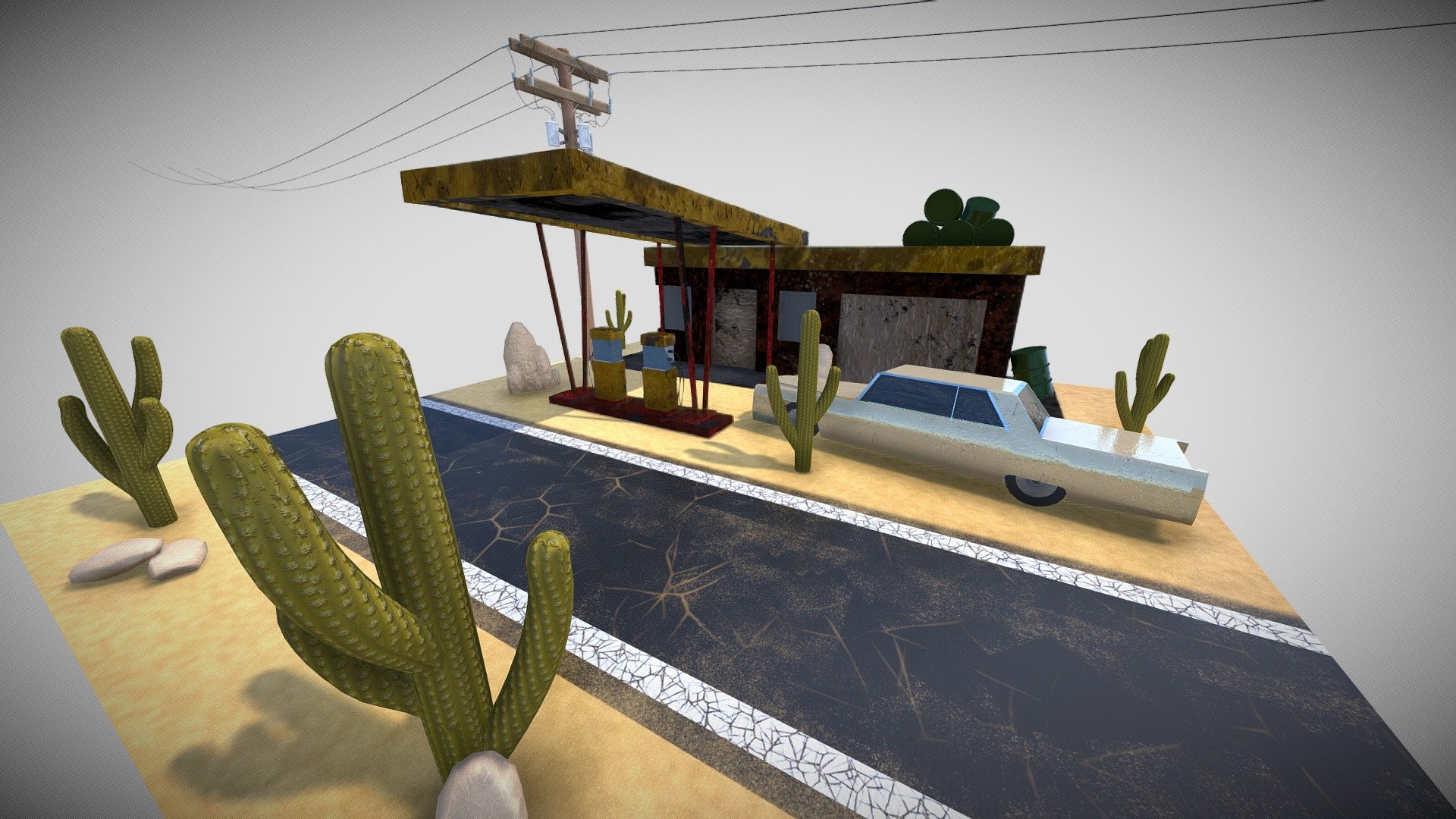 Diorama created for my Game Design &amp; Production Module @ Abertay University
Desert road with an abandoned gas station and car. Also has some barrels, cacti, rocks and a telephone pole - Desert Road Scene - 3D model by lgoodn123 3d model