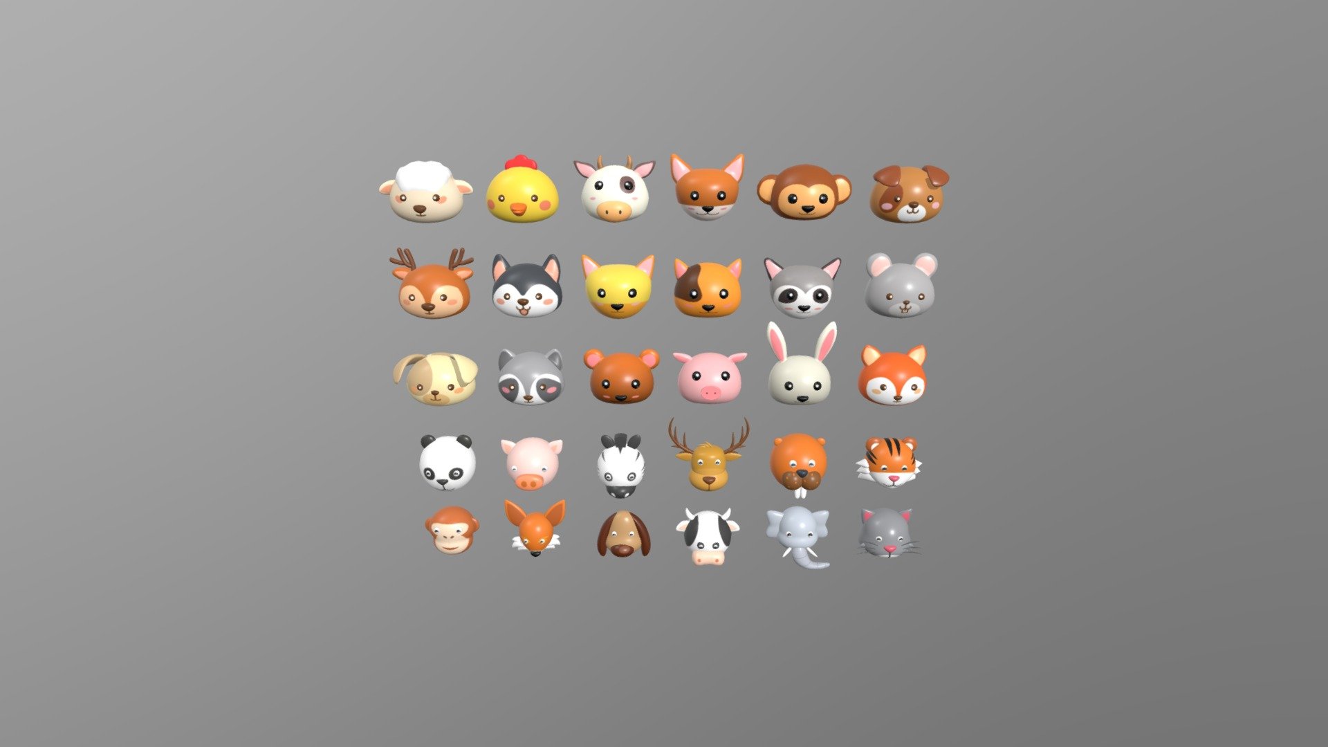 Animal Head Pack 001 3d model.

This pack includes 30 animal face models. These product samples are very good for making games, ar, vr, web, cartoons, video rendering....

Format :
Blender (3.5)
Maya 2019 (.ma)
Dae
Glb
Fbx
Usdc
Abc
Obj

Clean topology:
No Rig.

Texture : 2048 x 2048 (Basecolor, Normal).
UV does not overlap.
Quadrilateral Grid.

Vertices: 84552
Polygon: 87492

List of animation faces :
Bear
Dog
Cat
Chicken
Cow
Elephant
Fox
Horse
Monkey
Panda
Pig
Rabbit
Deer
Wolf
Horse
Ratel
Sea Lion
Sheep
Tiger
Mouse (rat)

I have exported from the model to many supported file formats. Please leave positive feedback if you like this product. Thank you! - Animal Head Pack 001 - 3D model by MayaZ (@linhleend) 3d model