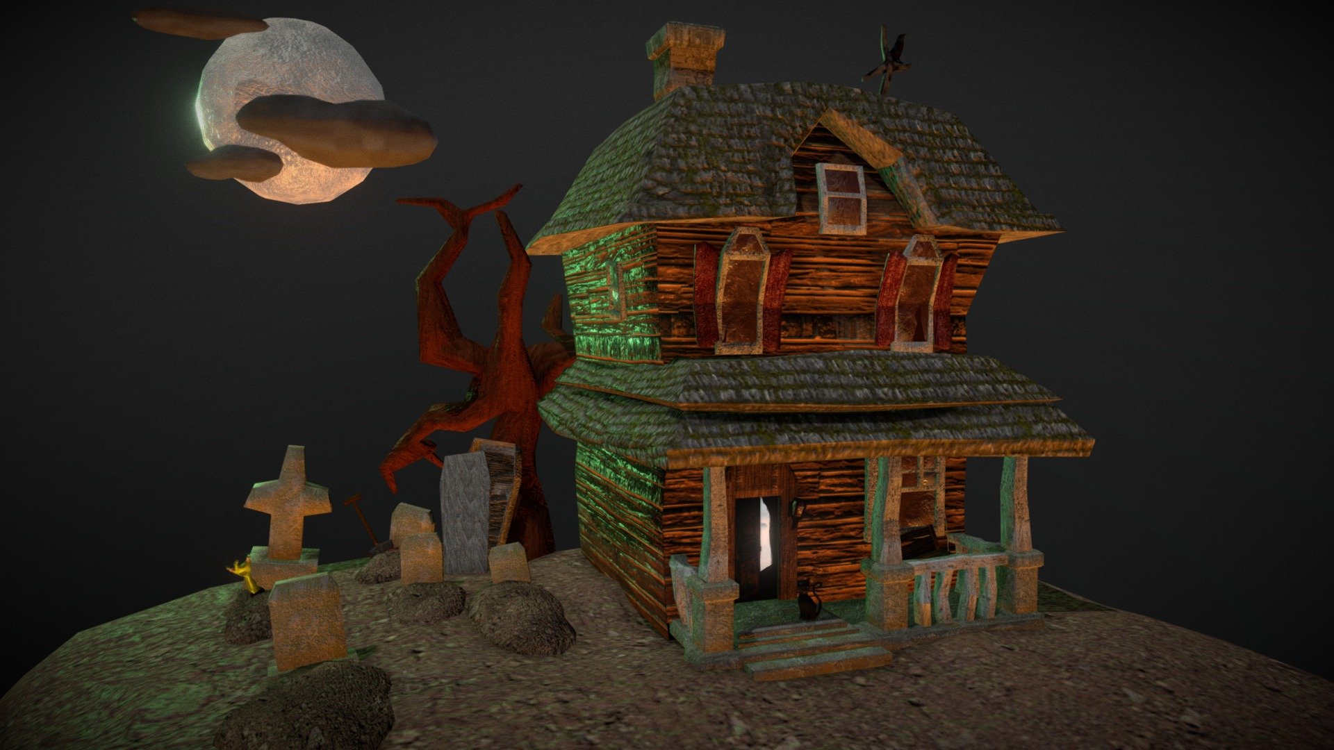 SpookHouse is a 3d Model based on a drawing I created 4 years ago. (UPDATED: Added Formats + Textures Files)

SOLVE THE SPOOKHOUSE MYSTERY to Win this Asset Pack!
~ CORRECT CLUE = Another Hint
~ CORRECT ANSWER = FREE SPOOKHOUSE SET

Beyond Spook House Mansion,
Hidden deep within it's walls,
Resides an olde mystery,
In the shroud of darkness,
Just waiting to be solved,
Over a hundred years ago,
A man once lived here,
Built by this old place,
Brick to board by brick,
Ending in sweat and tears,
Some say he was loved,
Others simply said stay away,
Family, said they opposed,
Loving his kids and wife,
Then one day not a sound,
They all just disappeared,
Many claimed of screams,
That echoed for miles on end,
As blood let from the moon,
He and his kin had vanished,
Relatives all came to look,
As forgotten, all who arrived,
This old place became cursed,
To anyone who stopped by,
They too went missing,
Never ever to be found,
Except for this torn note,
Left behind, that reads:

 - SpookHouse - Buy Royalty Free 3D model by Skywolf Game Studios (@SkywolfGameStudios) 3d model