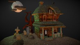 SpookHouse lamp, moon, cat, bench, b3d, windows, roof, dead, clouds, ground, undead, swing, haunted, graves, porch, box, chimney, zombies, cubik, hauntedhouse, ghosttrain, brokenglass, shudders, blender, house, 3dmodel, ghost, halloween, spooky, evil, zombie