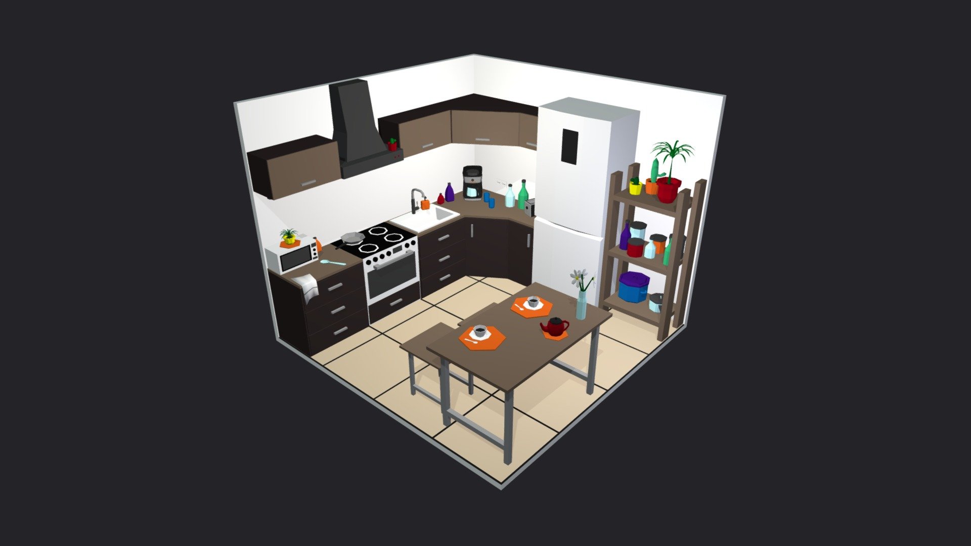 Low poly room is ready to be used for games, rendering and advertising.

This is a guest room complete with furniture. Measures 5 m x 5 m.

This set includes 40 unique props: kitchen cabinets / hood / refrigerator / electric stove / rack / table / chairs / microwaveoven / coffee machine / toaster / teapot / flowers / plants and accessories and much more!

Technical details:

The whole room has:




Vertex: 5 846

Faces: 5 137

Tris: 10 034

Has only one color texture (2048/1024/512/256 /128px) and one material for the entire game set.

Unwrapped UVs - Overlapping.

files: blender  fbx  obj 

Feel free to download it and leave your reviewes, comments and likes. This will help us create more products for you :) - Kitchen Room 5 Low-poly 3D model - Buy Royalty Free 3D model by Mnostva 3d model