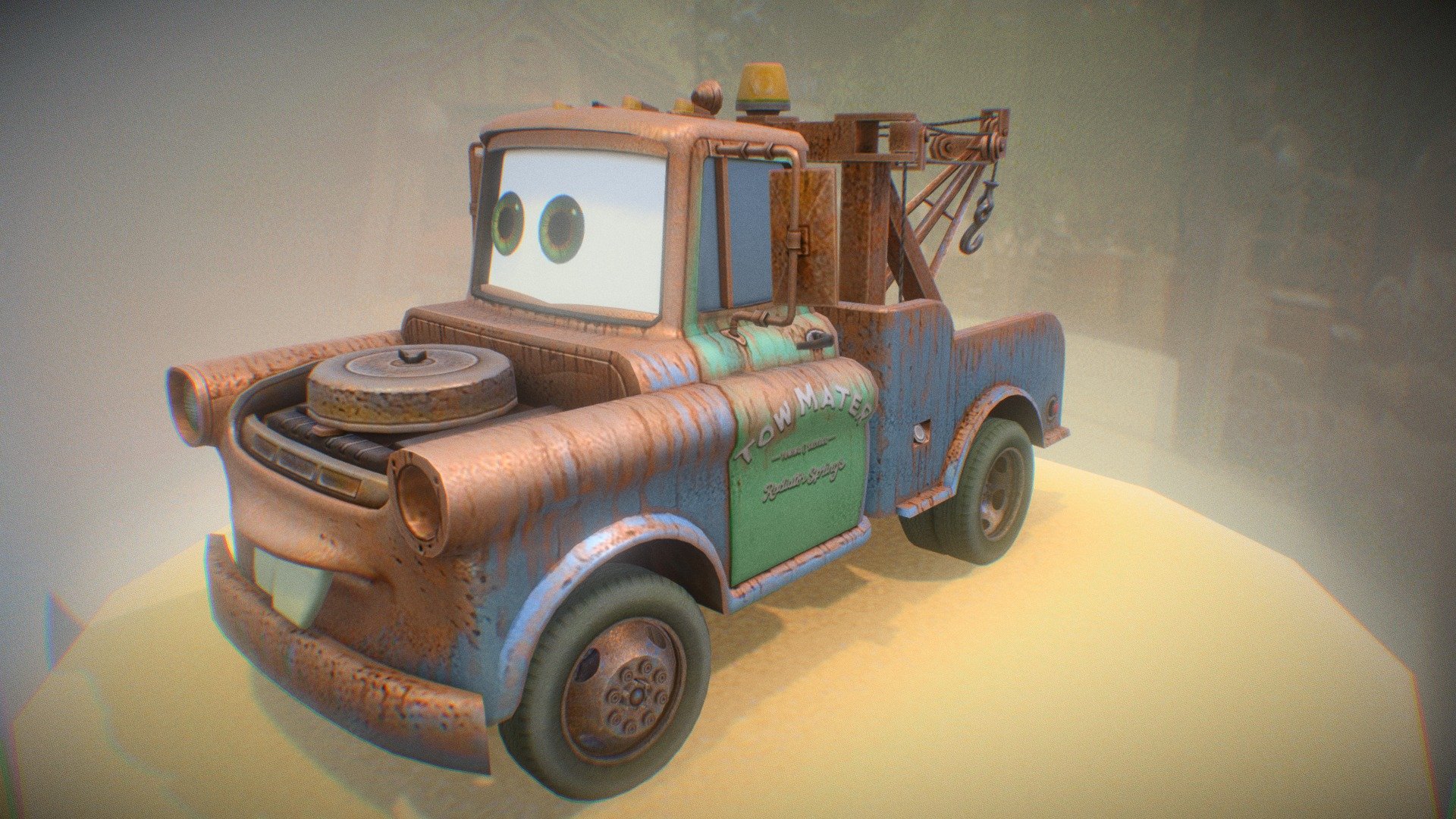 Here's a tribute to Pixar with a low res recreation of their beloved character Mater from Cars (2006).

I was fortunated to work on these beloved characters for Nintendo Wii version of Cars the game, and this serves as a fond memories of being utterly stubborn to build something from ground up with limited resources and restrictions 3d model