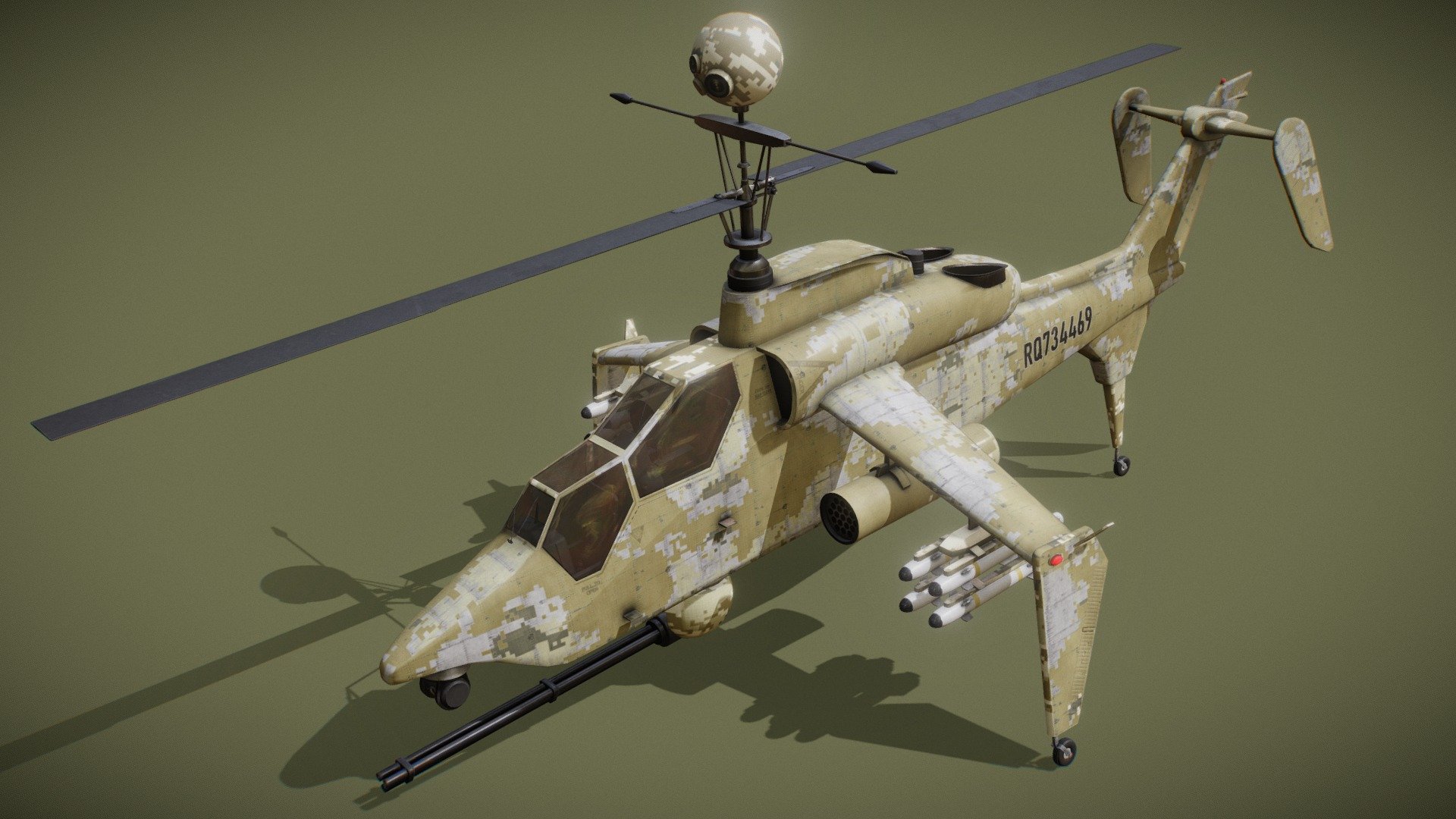 Futuristic Attack Helicopter Concept.

Low Poly and Game Ready

Model is devided in to 4 materials.
Fuselage and interior with 4k PBR textures.
Rotor and glass with 2k PBR textures.

Includes black paint job version

Both name &ldquo;AH-4 Navajo