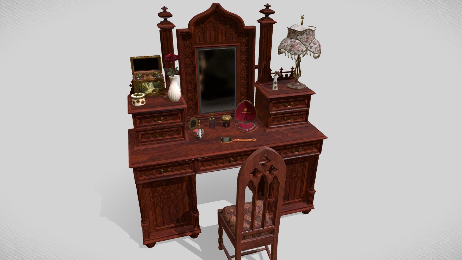 Openable decorated Victorian dressing table with lots of props such as jewelry box, necklace, hand mirror, hairbrush, makeup boxes and bottles, lipstick, tweezers, makeup box and decorated perfume bottles and not the last make-up travel box . Each drawer and door is openable. As a material, we chose acacia wood in both light and dark variants to highlight the decorations. Great for any Victorian bedroom. 

The models have a LOD and their own collider for easy use as game props. Also included is a collapsed texture: occlusion (R), roughness (G) and metal (B) and an unreal engine 4 project. Also opening / closing animations 3d model