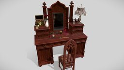 Victorian dressing table (openable) lamp, victorian, lod, dressing, bedroom, jewelry, makeup, collection, table, gothic, hairbrush, perfume, props, box, necklace, unrealengine4, lipstick, tweezers, dressingtable, openable, handmirror, botlles, wood, interior